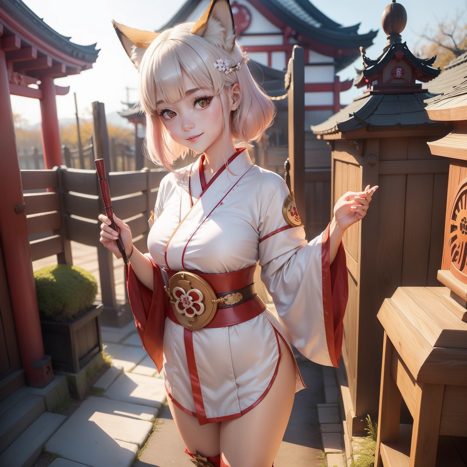 Female idol covered in fox（Cute Japan priestess outfit、Short length、）、Looks fun、full body Esbian、、Suspicious smile、White and red、Shrine of Japan