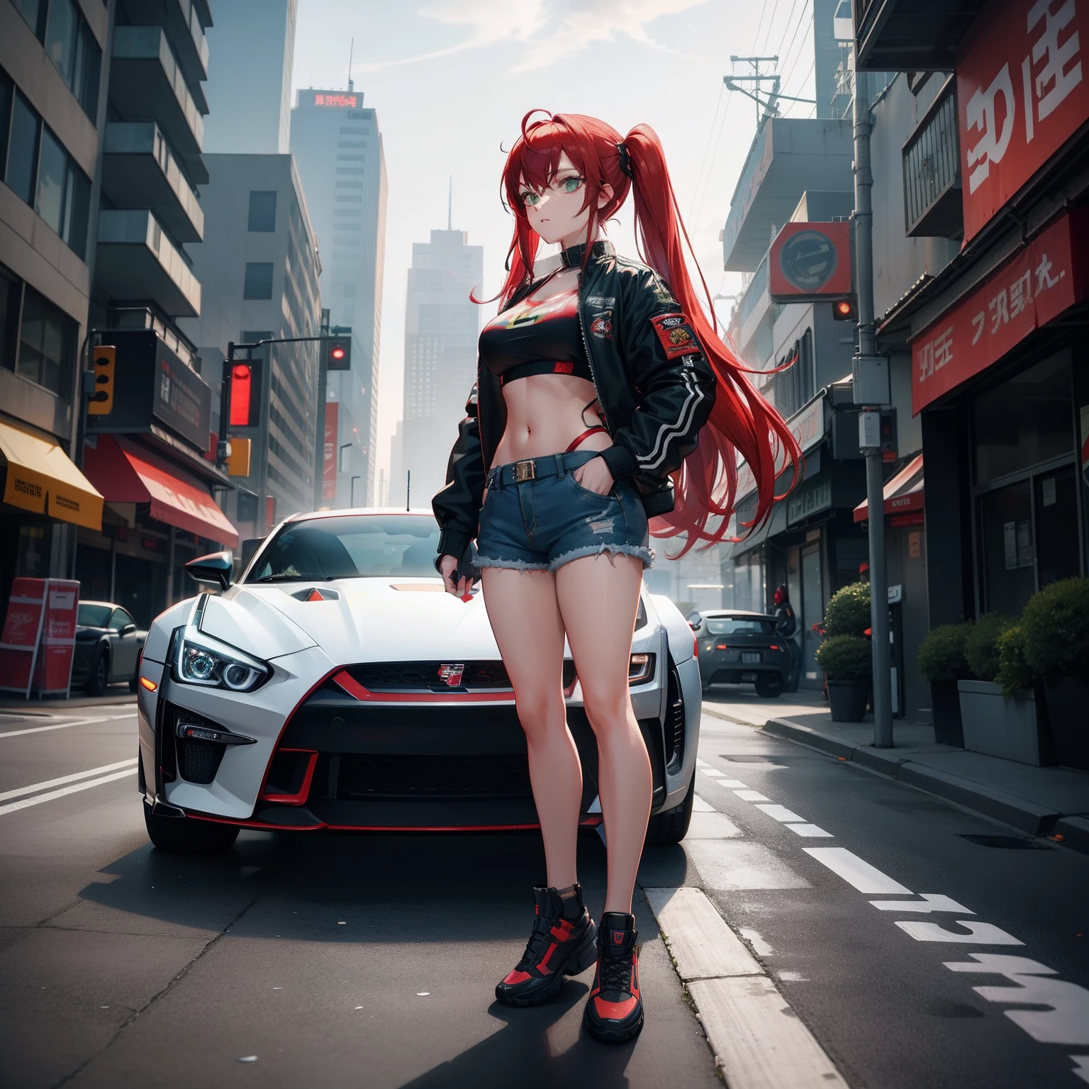 Full body shot, female asian Irina Shidou red hair twintails green eyes, in a cyberpunk city, wearing a bomber jacket and crop top and denim shorts, standing next to a Nissan GT-R, frontal shot, masterpiece, highly detailed