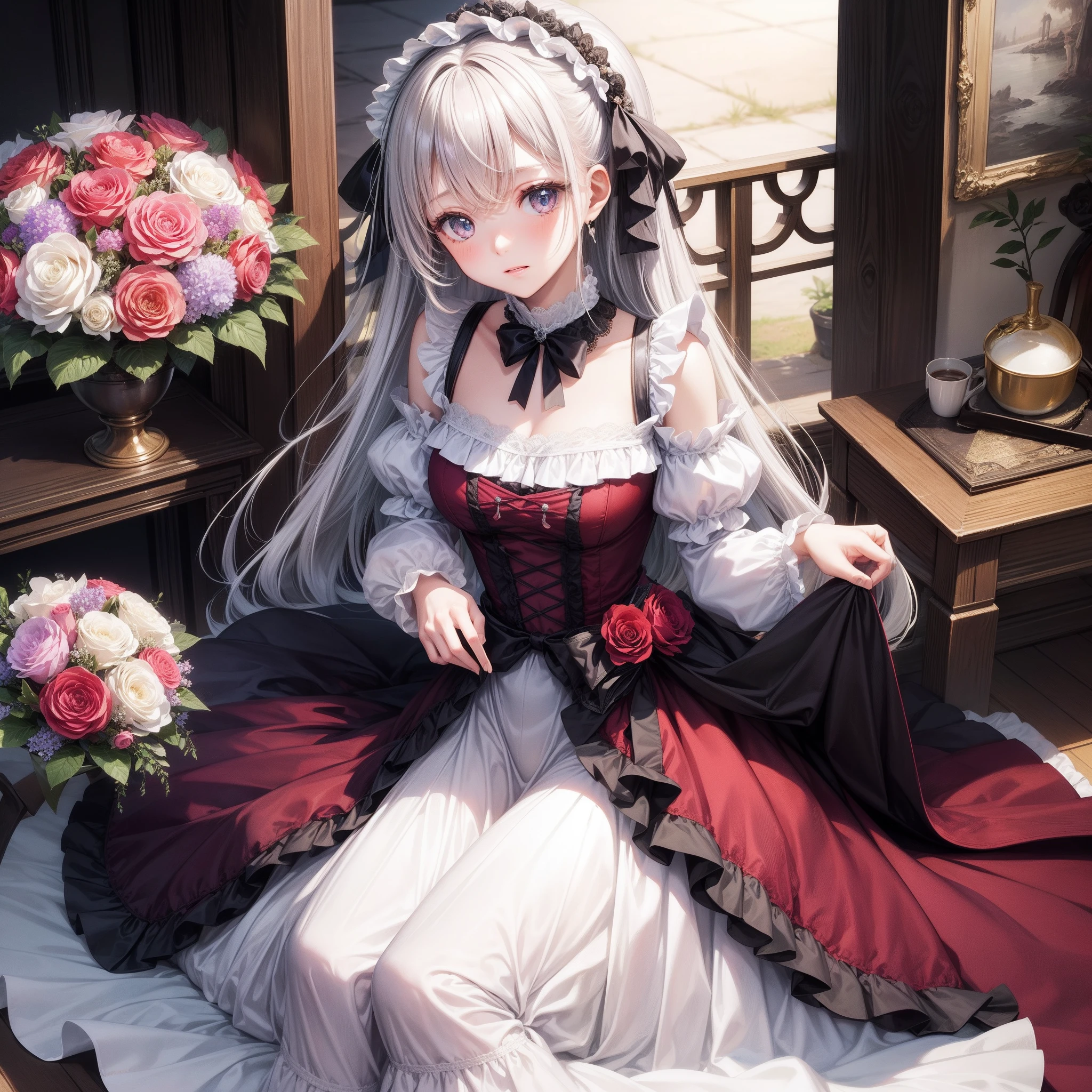 Longhaire、ta fashion、flower bouquet、a beauty girl