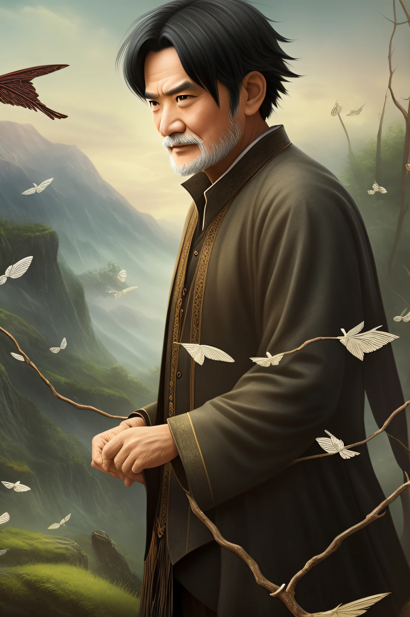 An old man with fairy wind bones，Black hair，