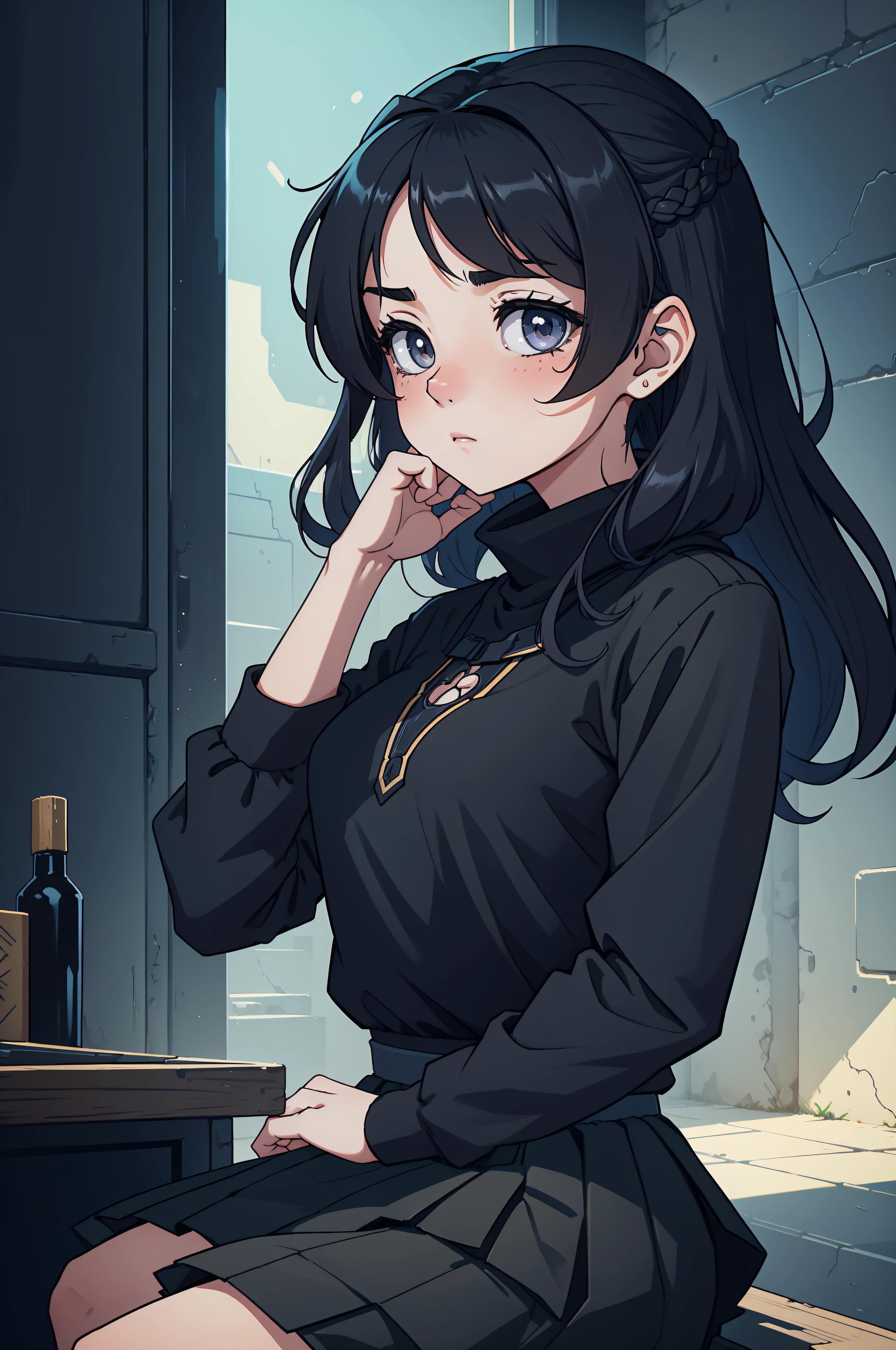 Create a captivating 2D illustration of an anime girl deep in thought, her hand resting gently on her chin. The character should emanate an air of contemplation and curiosity. Dressed in a stylish ensemble, the girl wears a black top and skirt with intricate details that add depth to the 2D aesthetics.
Her expression should convey a sense of introspection, with her eyes slightly narrowed as she ponders something intriguing. The hand-on-chin gesture should be executed with subtlety, showcasing the character's engagement in her thoughts. Her posture should be relaxed, suggesting that she is in a comfortable environment where she can ponder freely.