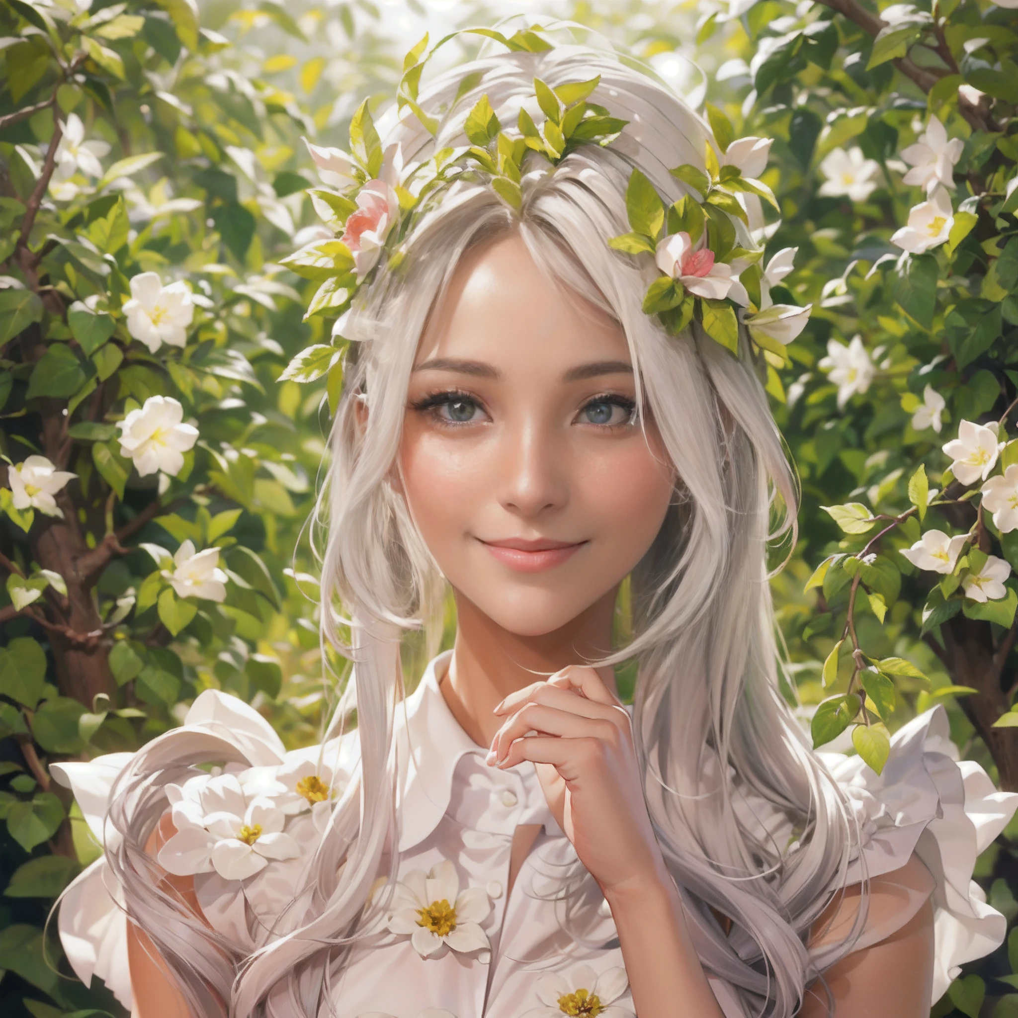(obra maestra) (La mejor calidad) Una hermosa mujer vestida de blanco con una corona de hojas doradas en la cabeza. She is in a beautiful garden standing in front of the camera with a beautiful smile in a natural pose......................... movie quality (Anime mejor calidad)