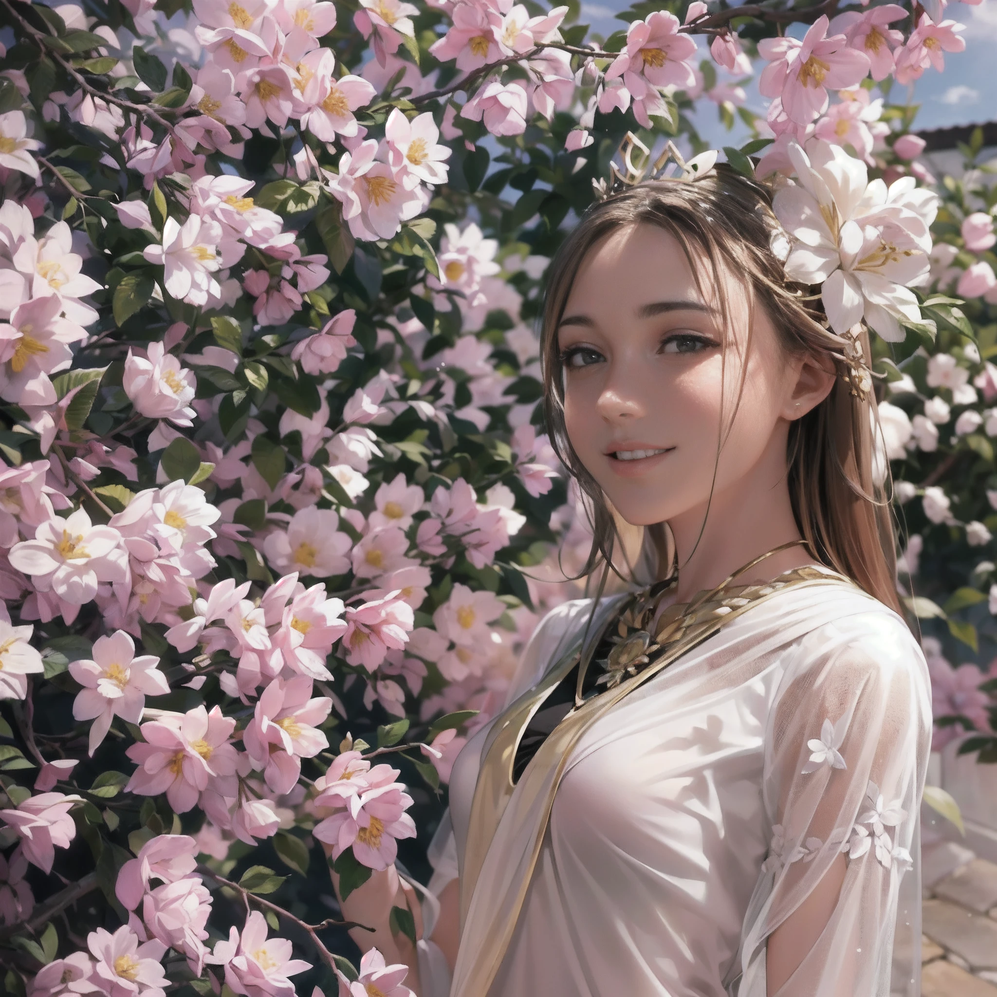 (obra maestra) (La mejor calidad) Una hermosa mujer vestida de blanco con una corona de hojas doradas en la cabeza. She is in a beautiful garden standing in front of the camera with a beautiful smile in a natural pose......................... movie quality (Anime mejor calidad)