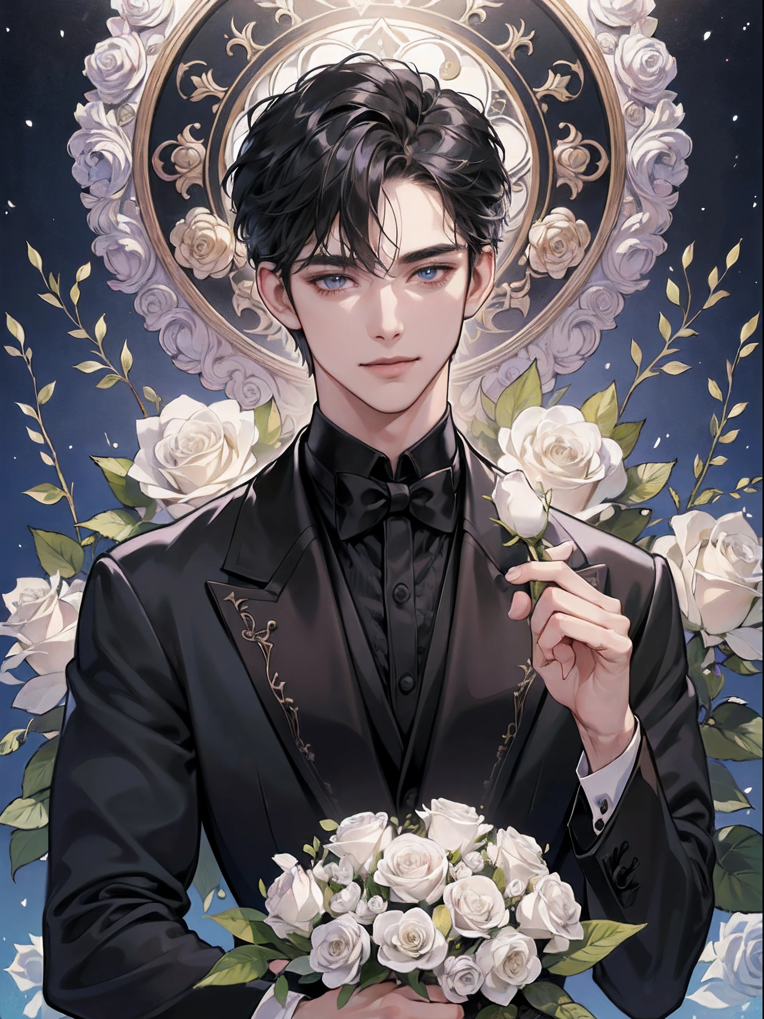 (absurdres, highres, ultra detailed), 1 male, solo, adult, handsome, finely detailed eyes and detailed face, groom, wedding, wearing black tuxedo, white roses, the lovers \tarot\, Symbolism, Visual art, Occult, Universal, Vision casting, Philosophical, Iconography, Numerology, Popularity, Artistic, Alphonse Mucha, short hair, smile, happy