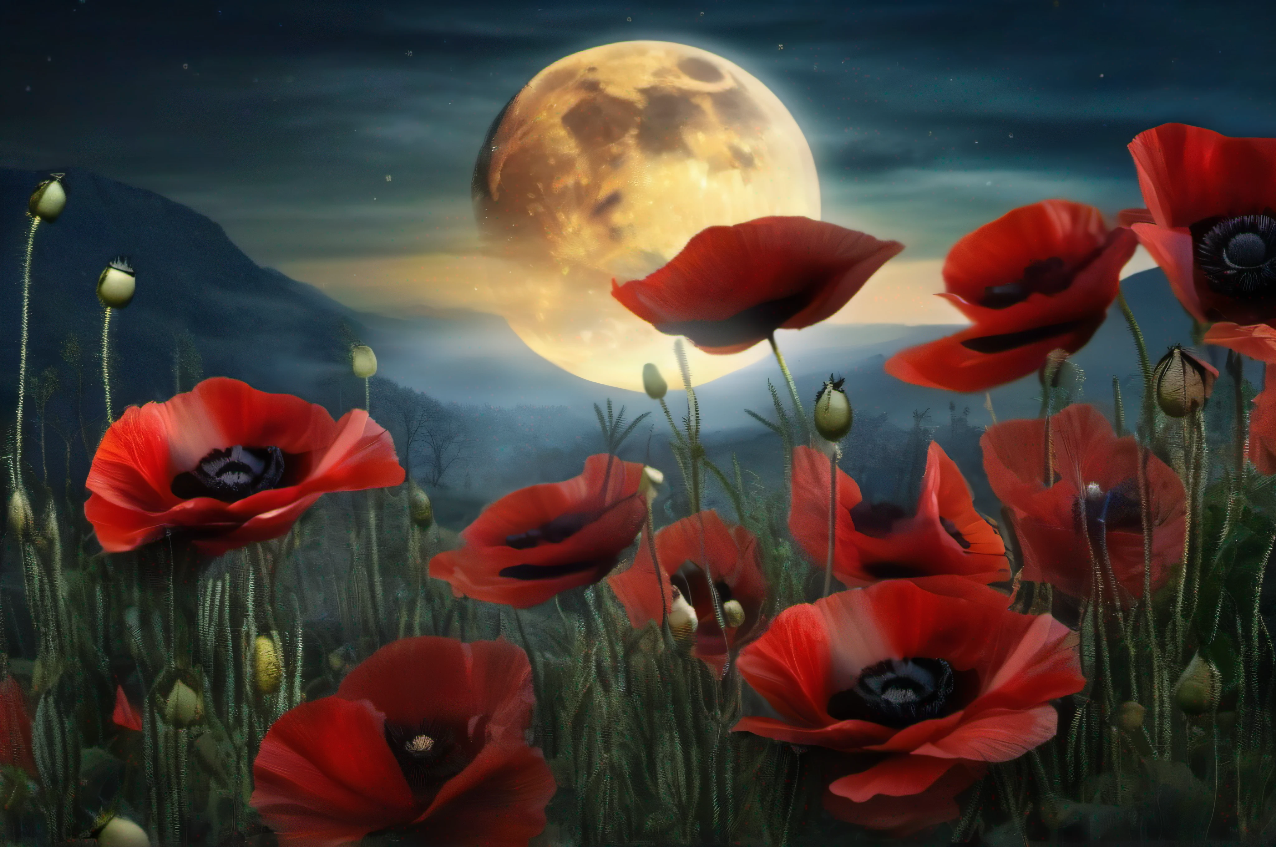 Dark, mysterious black poppies in the moonlit night, with a striking full moon shining in the background