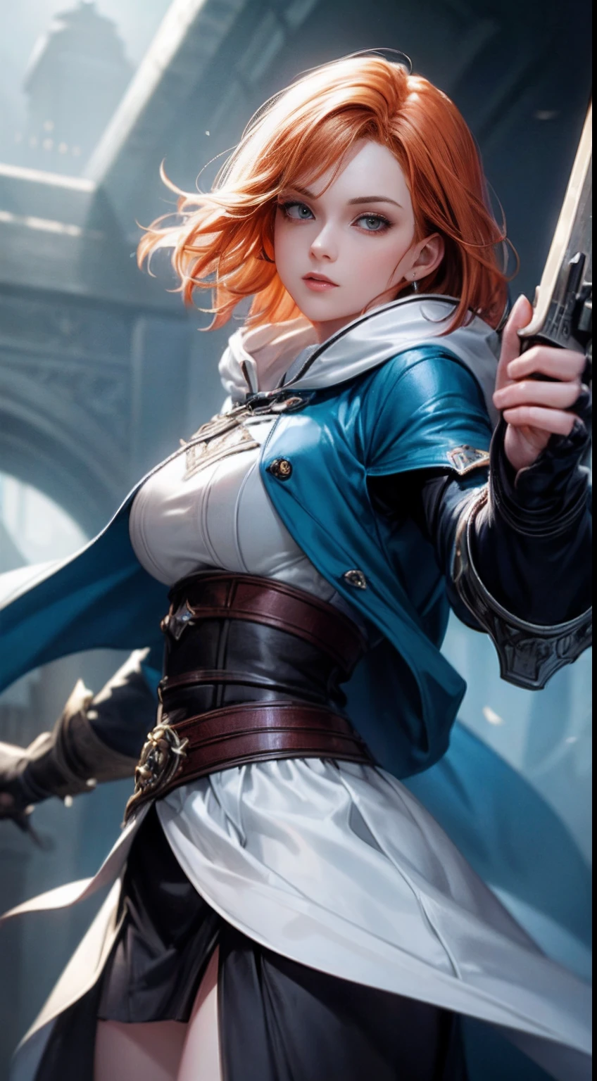 a beautiful 20 years old female vampire hunter with short straight ginger hair, pale skin, cheerful looking, wearing a white and blue hooded assassin outfit, waist up shot, dynamic pose, ambient lighting, photo realism, intricate face detail, intricate hand details, highly detailed, vibrant colors, cinematic, high definition, trending on Artstation--style raw