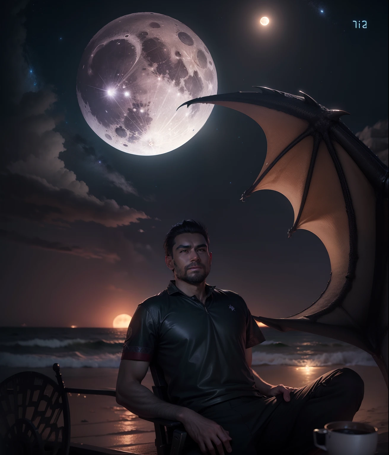 Full moon , night vision, stars , dragon flying, beach , 8k , realistic face