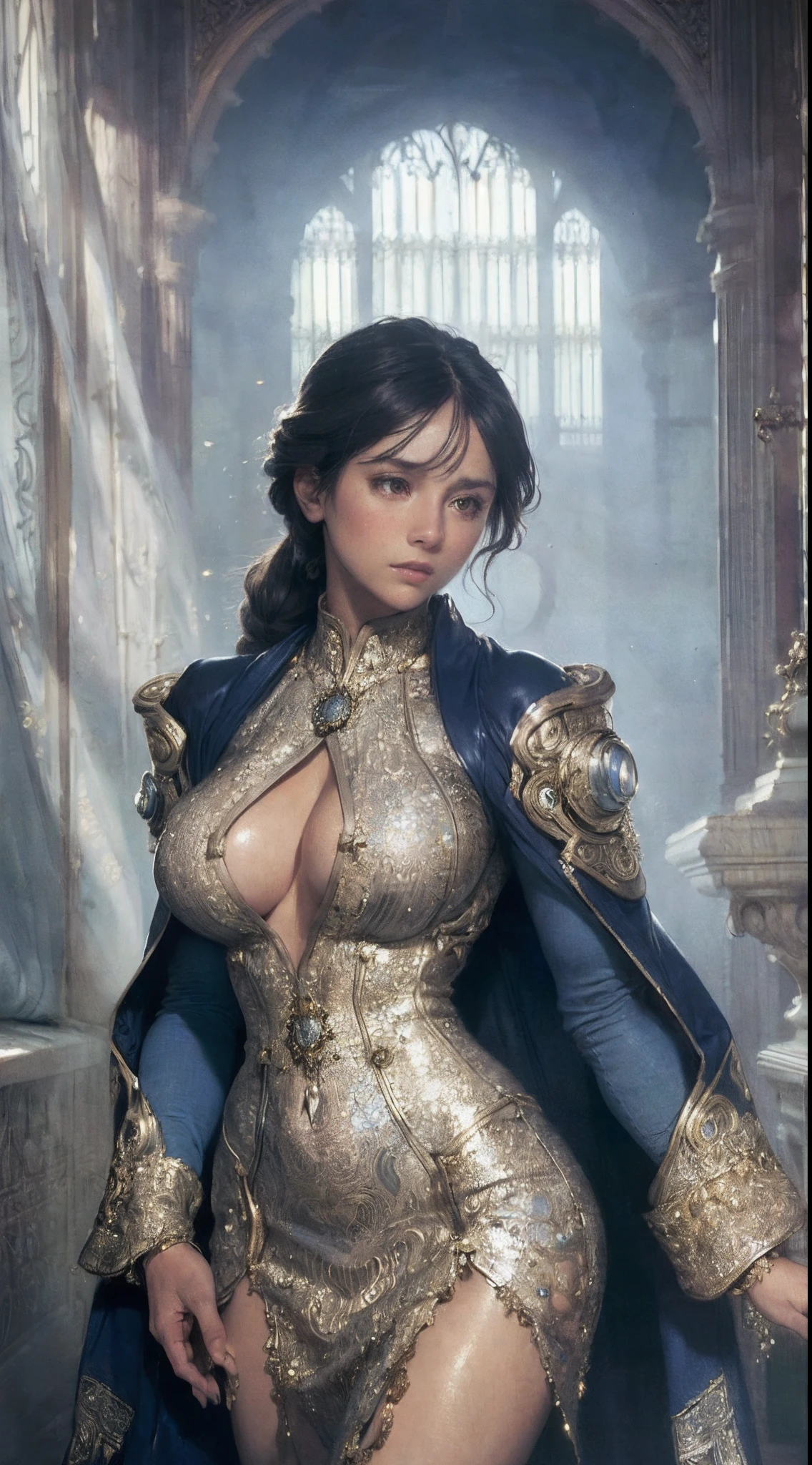 (((beautiful))),mary,blue sweater, white jacket, cropped jacket, long sleeves, open clothes, ribbed sweater, armband, huge breasts,(((shiny skin))), ((intricate details)), hdr, ((intricate details, hyperdetailed)), cinematic shot, walkin in the street, vignette, ((art by alphonso mucha))