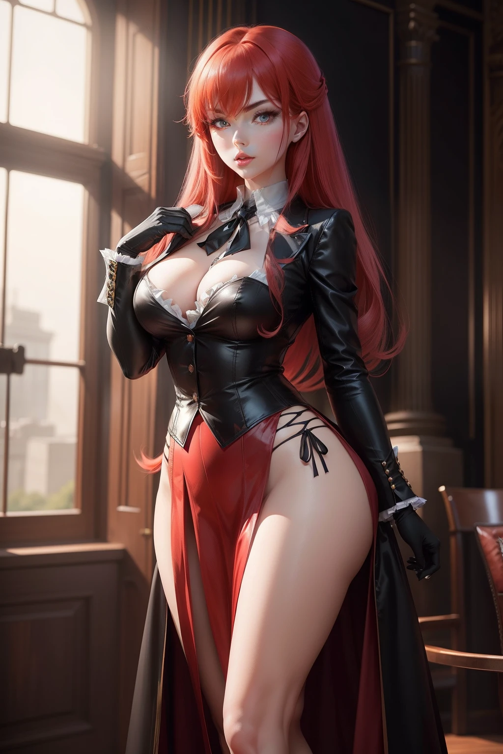 Rias Gremory is a crimson-haired character, her long strands fall elegantly down her back, contrasting with her pale skin and mesmerizing amber eyes, beautiful slender body. She exudes confidence and charm with her haughty posture. Wearing a tailored red school uniform, her pleated skirt falls in harmony with her fitted white blouse slightly open. A black ribbon tied around her neck complements the ensemble, highlighting her aura of authority and sophistication. Her accessories include black gloves that highlight her delicate hands. , in high resolution, detailed, HD quality.