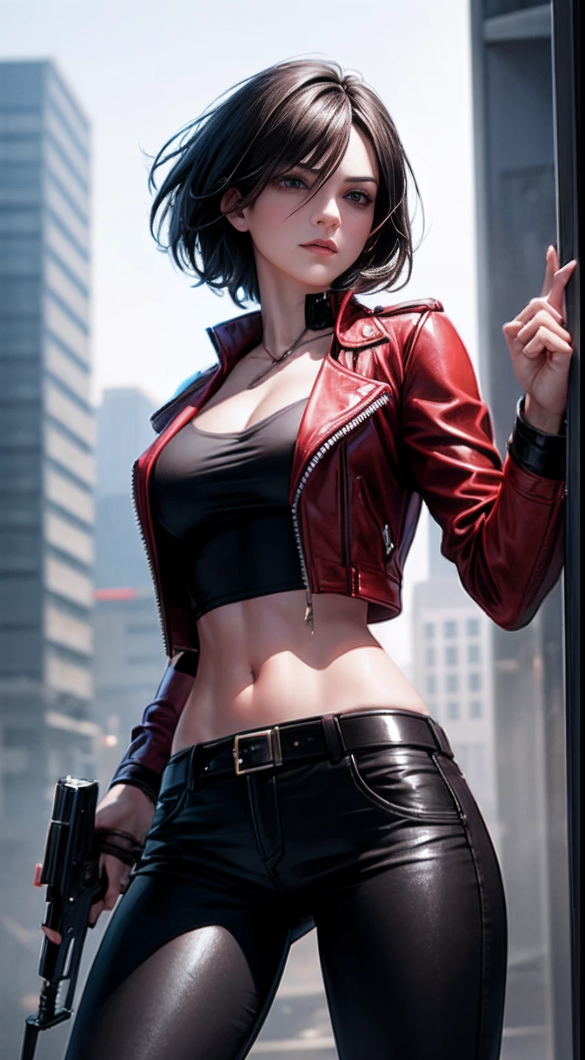 a beautiful 25 years old British female vampire mercenary with short black hair, pale skin, wearing red leather jacket and black tight pants, holding dual handguns, view from front, waist up shot, dynamic pose, ambient lighting, photo realism, intricate face detail, intricate hand details, highly detailed, vibrant colors, cinematic, high definition, trending on Artstation--style raw