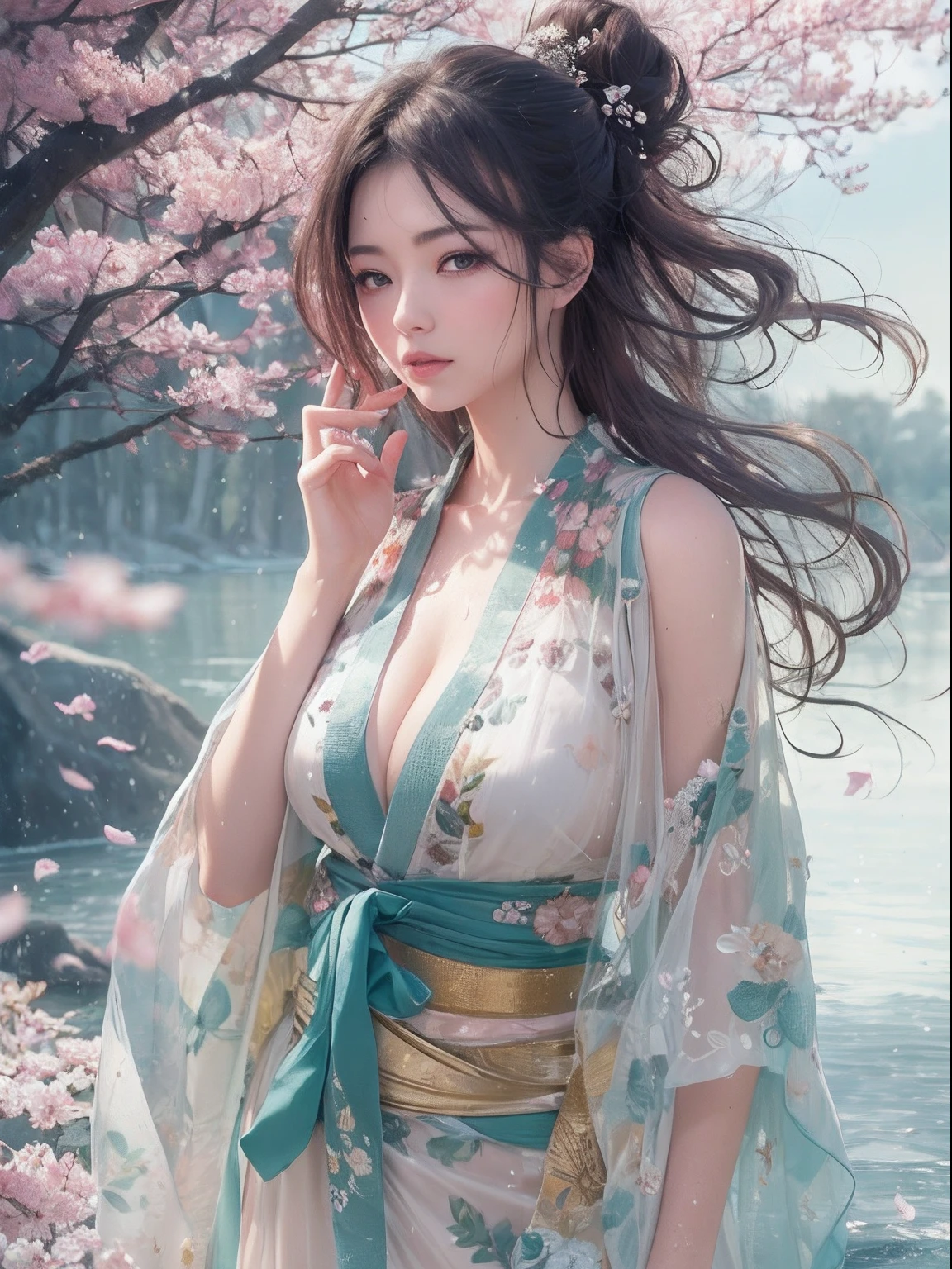 loose outfit、Show shoulders、How to wear a broken see-through kimono、Decorated with intricate patterns and bright colors、Transparent material that makes the skin shine、Artistic depiction of seductive woman in kimono with wet thin cloth and transparent skin, Floral and fantastic pattern with flowing silky traditional see-through skin。Her dress draped elegantly around her curvaceous figure、Emphasizes her charming silhouette。She's a gentle fireworks night、Dynamic Posing、Sexy Posing、bathed in the soft glow of moonlight。The scene is、With a hint of mystery and sensuality、It exudes an ethereal dreamy atmosphere。The image style is、It incorporates a blend of watercolor and digital illustration techniques.、It makes you feel delicate beauty and charm。Soft moonlit lighting、Cast gentle highlights and shadows on her mesmerizing features。Dynamic Posing、Bold poses、The hand is somewhere、see -through、show through、A sexy、Wet hair、Wet、cherry trees、flower petals、cherryblossom、The cherry tree、Sakura blizzard、buried、Transparent skin、Wet clothes、Chest Pulling、Translucent clothes、On the water、huge moon、