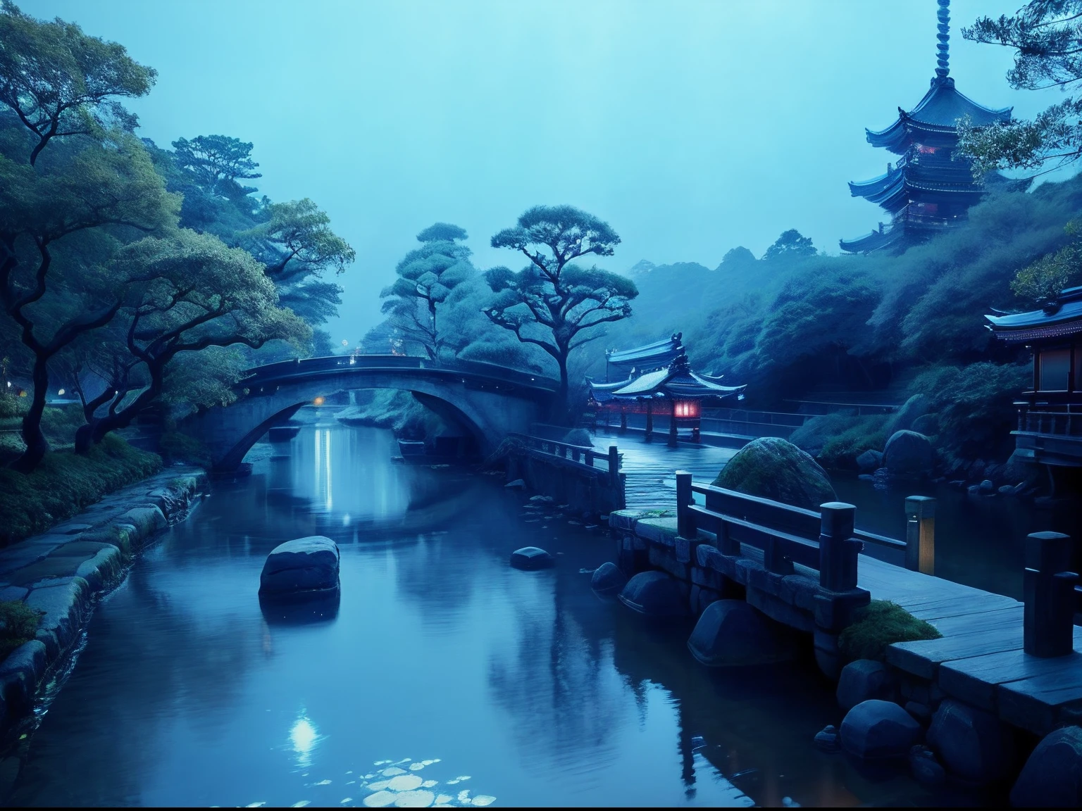 small bridge flowing water,Evening at Hanzanji Temple, Secluded evening,The tower of Hanzanji Temple has a glimmer of light,There are also faint lights on the ship,The flowing water below the bridge has a reflection of moonlight。
