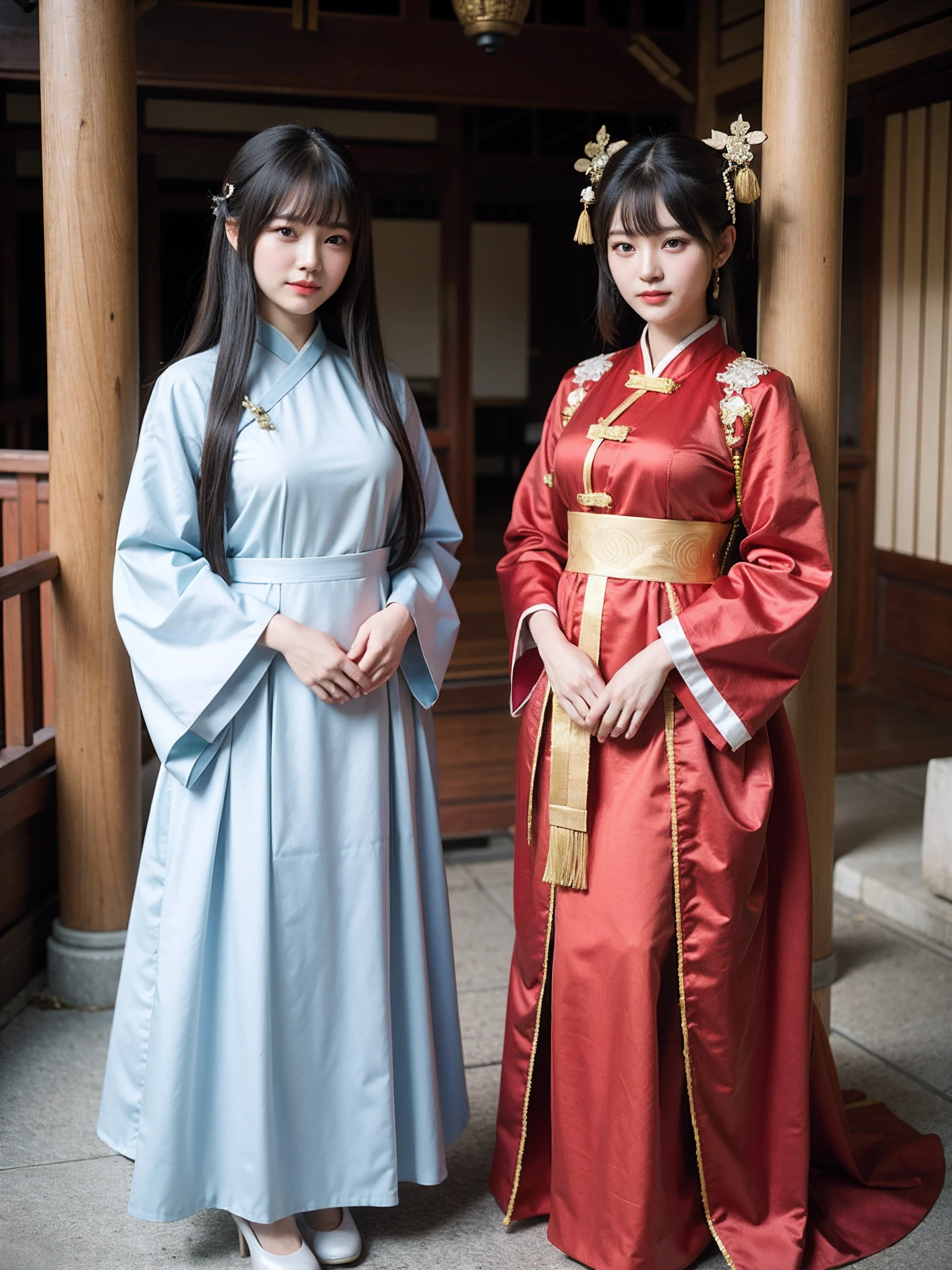 Two Asian women dressed in traditional costumes pose for a group photo, Hanfu, Anime cosplay, Anime girl cosplay, Palace ， A girl in Hanfu, black and red silk clothing, Chinese costume, with acient chinese clothes, CLASSICSTYLE, Wearing ancient Chinese clothes, Chinese style, White Hanfu, traditional geisha clothing, Roleplay photo full body，Stand in the spring