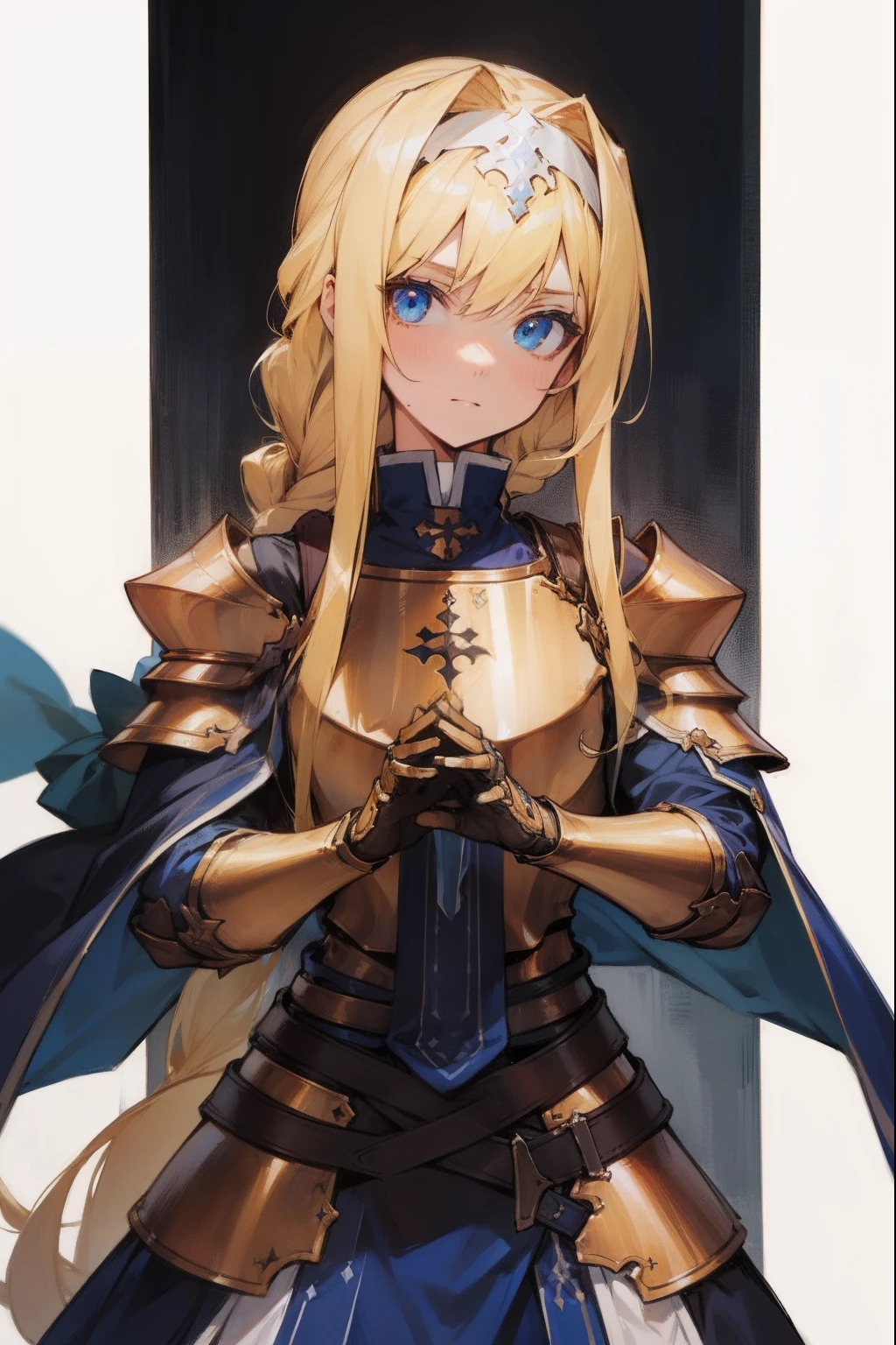 alicezuberg, alice zuberg, bangs, blue eyes, blonde hair, hair between eyes, very long hair, braid, hairband, white hairband,,
BREAK dress, cape, armor, blue dress, shoulder armor, gauntlets, pauldrons, breastplate, armored dress, faulds, blue cape, knight, gold armor, body armor,,
BREAK outside, forest,
BREAK looking at viewer, BREAK (masterpiece:1.2), best quality, high resolution, unity 8k wallpaper, (illustration:0.8), (beautiful detailed eyes:1.6), extremely detailed face, perfect lighting, extremely detailed CG, (perfect hands, perfect anatomy),