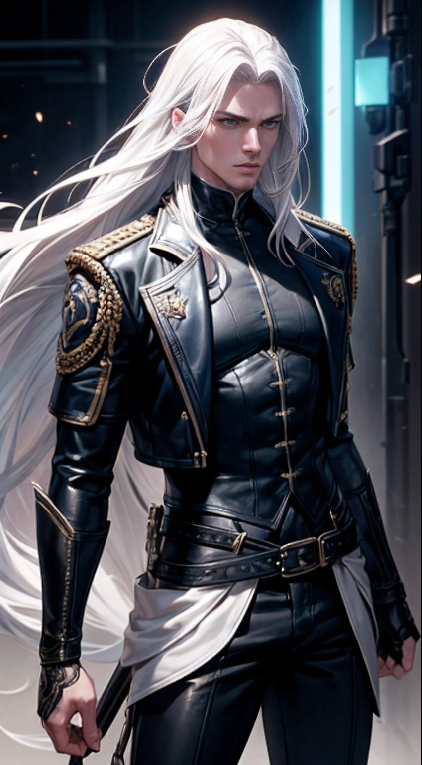 a handsome 25 years old male mercenary with long white hair, pale skin, serious looking, wearing a blue long leather jacket and black pants, waist up shot, dynamic pose, ambient lighting, photo realism, intricate face detail, intricate hand details, highly detailed, vibrant colors, cinematic, high definition, trending on Artstation--style raw
