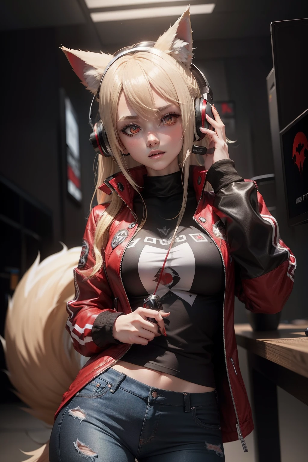 blonde_hair,red_eye,black_red_jacket,white_shirt,female,wolf_ear,gamer,_wolf_tail,black_jeans,pose,headset,