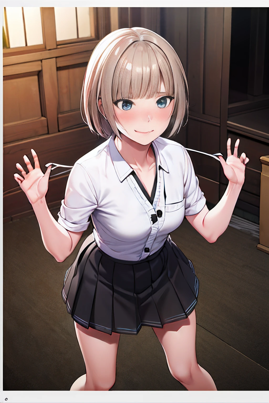 ((1 girl))、(smile:1.3)、small breastsのヌード、(cowboy shot)、(fun!!)、(white cardigan:1.5)、(blush:1.4)、(hair)、Chest roll-up clothing,pull clothes,((flat chest:1.3))、((I can see your nipples:1.5)),(), No bra, (black skirt),look down, ((classroom:1.5))Upper body,classroomのシャツロールアップシャツセーター高解像度,look down, Upper body,Fair skin,classroom,small breasts,shaved pussy、