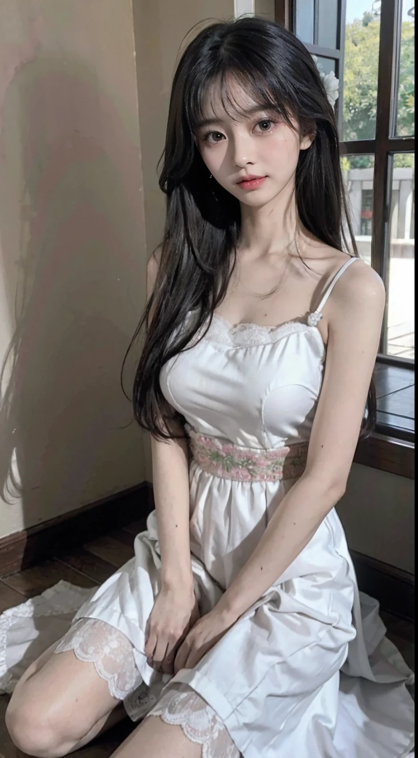 Photorealistic and high quality。Sharper image quality。NSFW。Sunny hotel balcony。Close-up of face。The light is on my face。She is leaning forward to show off her chest.。Showing profile。Golden wavy hair。No makeup。Beautiful 22 year old Korean girl。Wearing black lace underwear。The corners of the mouth are raised。
