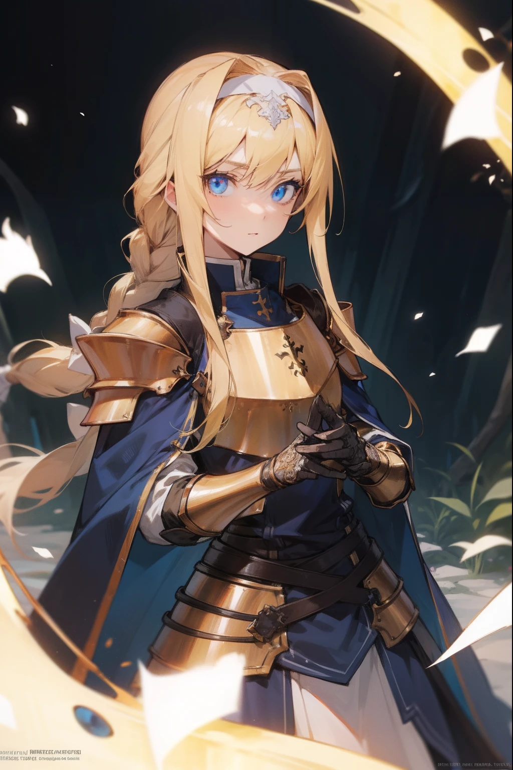 alicezuberg, alice zuberg, bangs, blue eyes, blonde hair, hair between eyes, very long hair, braid, hairband, white hairband,,
BREAK dress, cape, armor, blue dress, shoulder armor, gauntlets, pauldrons, breastplate, armored dress, faulds, blue cape, knight, gold armor, body armor,,
BREAK outside, forest,
BREAK looking at viewer, BREAK (masterpiece:1.2), best quality, high resolution, unity 8k wallpaper, (illustration:0.8), (beautiful detailed eyes:1.6), extremely detailed face, perfect lighting, extremely detailed CG, (perfect hands, perfect anatomy),