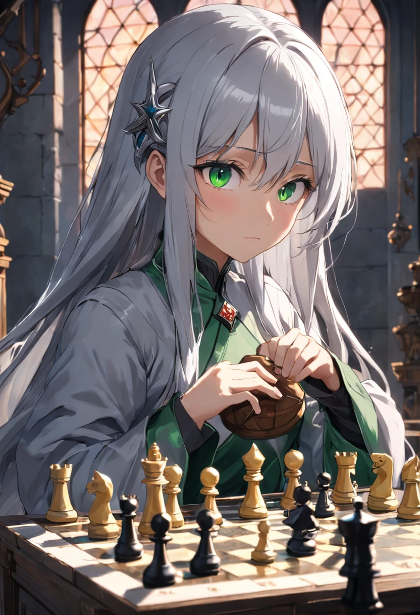 Silver-haired lady, Green eye, in a castle, Playing chess, Gorgeous
