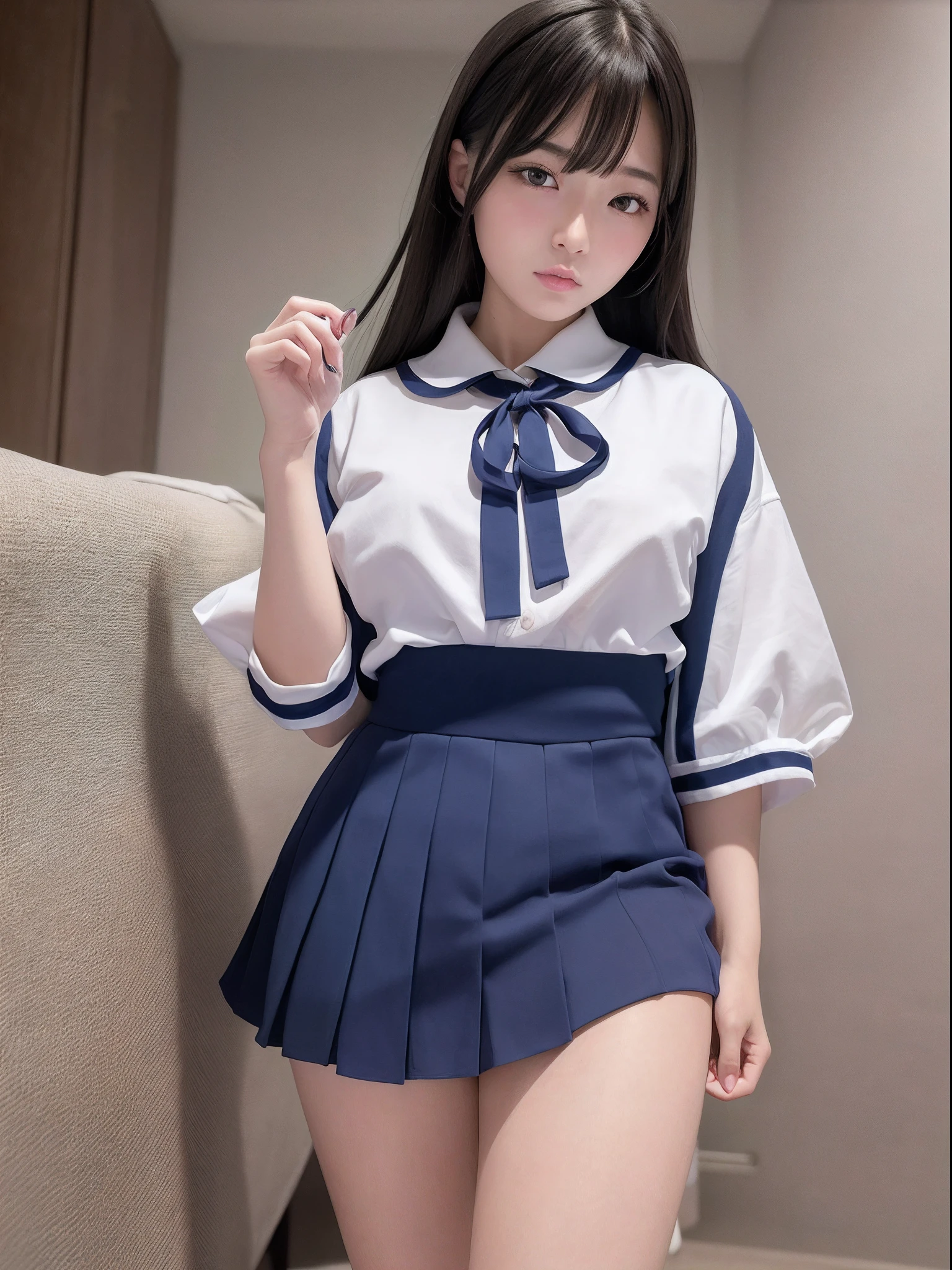 adorable, 1 girl, ************, baby face, shy, full body portrait, (face details: 1), (eye details: 1), ((big breasts)). (white long-sleeved sailor uniform, black skirt: 1.2). Cute posed. proportional body. Ultra High Res. realistic: 1.4, UHD