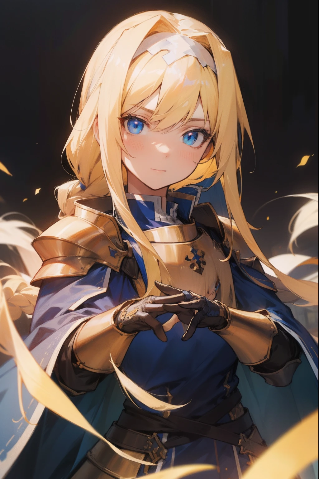 alicezuberg, alice zuberg, bangs, blue eyes, blonde hair, hair between eyes, very long hair, braid, hairband, white hairband,,
BREAK dress, cape, armor, blue dress, shoulder armor, gauntlets, pauldrons, breastplate, armored dress, faulds, blue cape, knight, gold armor, body armor,,
BREAK outside, forest,
BREAK looking at viewer, BREAK (masterpiece:1.2), best quality, high resolution, unity 8k wallpaper, (illustration:0.8), (beautiful detailed eyes:1.6), extremely detailed face, perfect lighting, extremely detailed CG, (perfect hands, perfect anatomy),