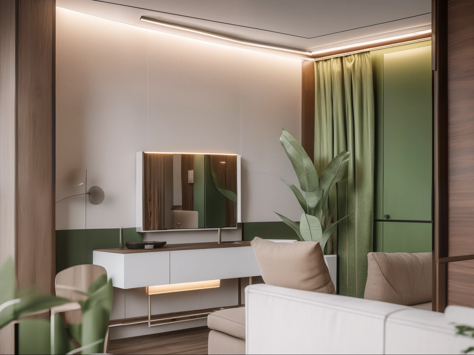 Masterpiece, high quality, best quality, authentic, super detail, interior,raw photo,8k,The kitchen , the bar counter is wood-grain, with two glass doors push-pull , the kitchen is adorned with lightning-like patterned stone, beautiful accent LED lights, modern interior design, white sofa, A green plant on the right side next to the brown or grey curtain