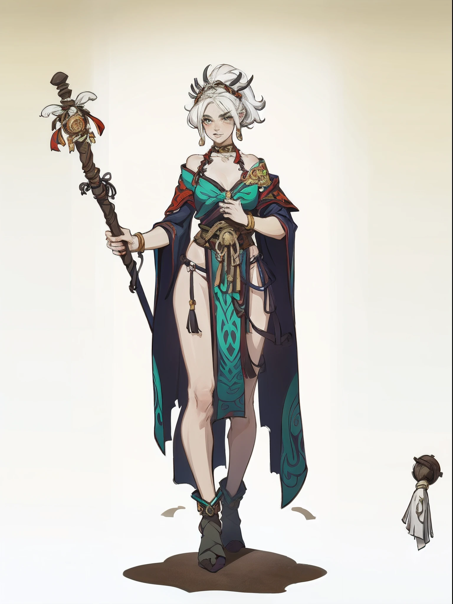 1girll ,((1girll)),((独奏)),full bodyesbian,European and American cartoon design,Primitive tribal elements,standing on your feet,the witcher,Staff in hand,feater,white backgrounid