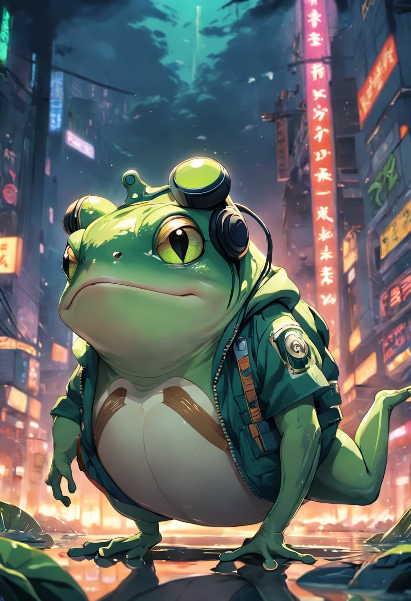 A masterpiece green frog with headphones, fatness