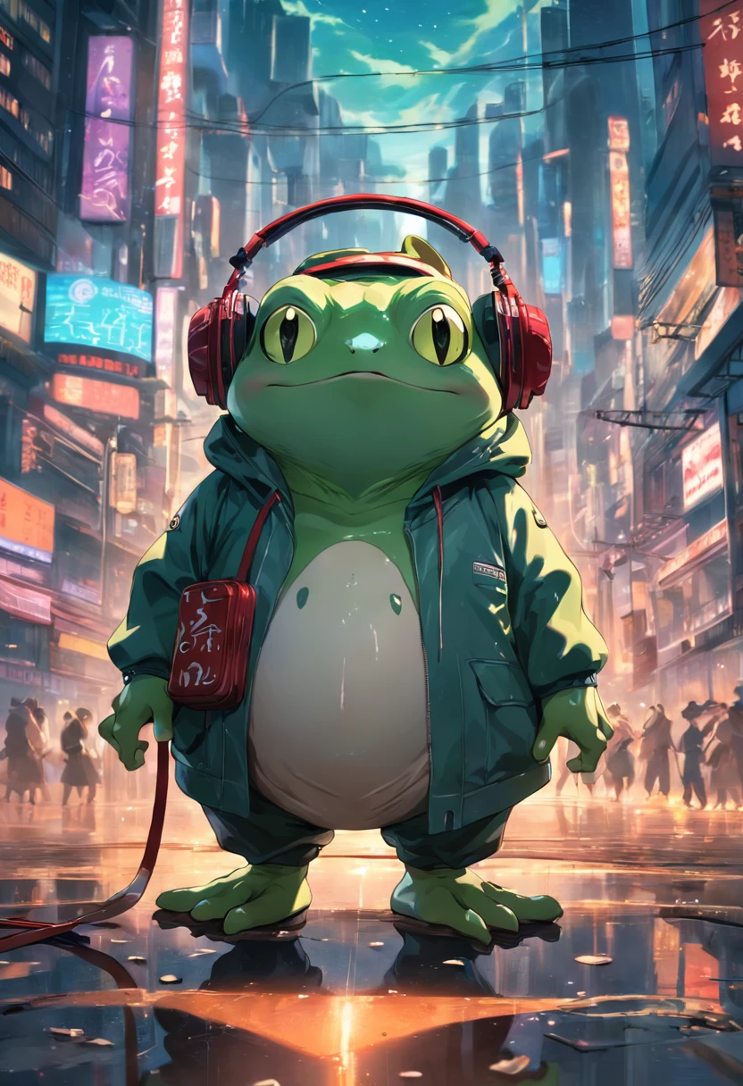 A masterpiece green frog with headphones, fatness