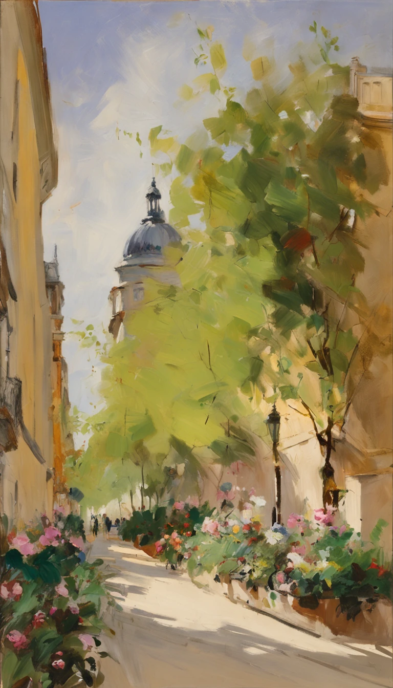 a fantastic flowering garden. estilo de pintura impressionismo obras de John Singer Sargent, Boulevard Montmartre masterpiece