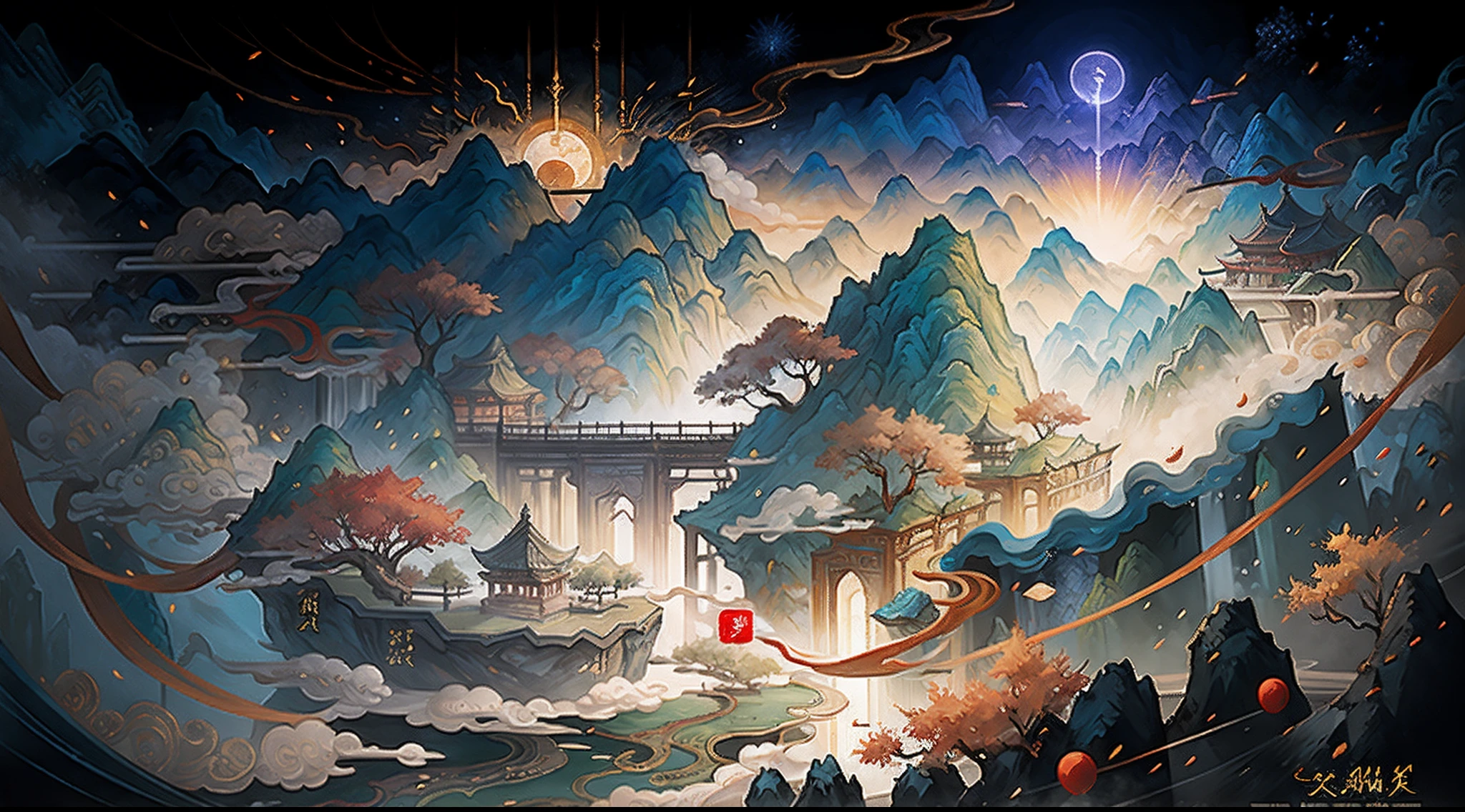 Ancient Chinese landscape, mountains, rivers, auspicious clouds, sunlight, masterpiece, super detail, epic composition, ultra high definition, high quality, extremely detailed, official art, uniform 8k wallpaper, super detail, 32k -- v 6