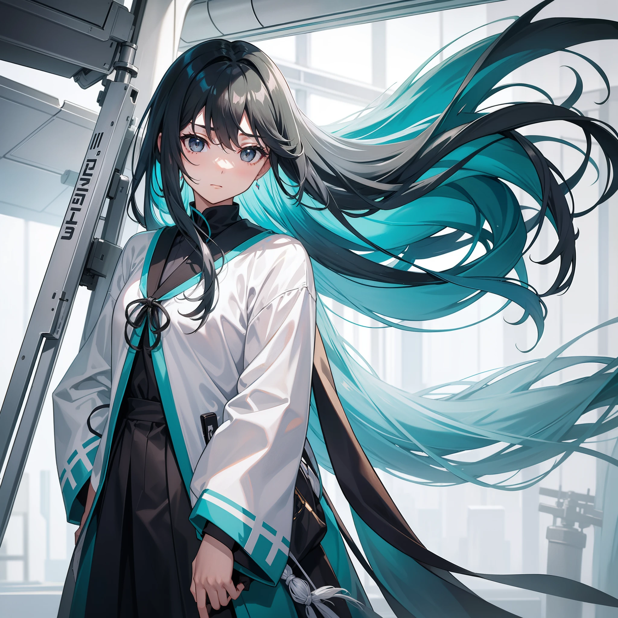 Long turquoise hair，Gray-black eyes，校服，Stand on the plane，The hair blown by the air flow is scattered，expressiveless，A bottom-up perspective