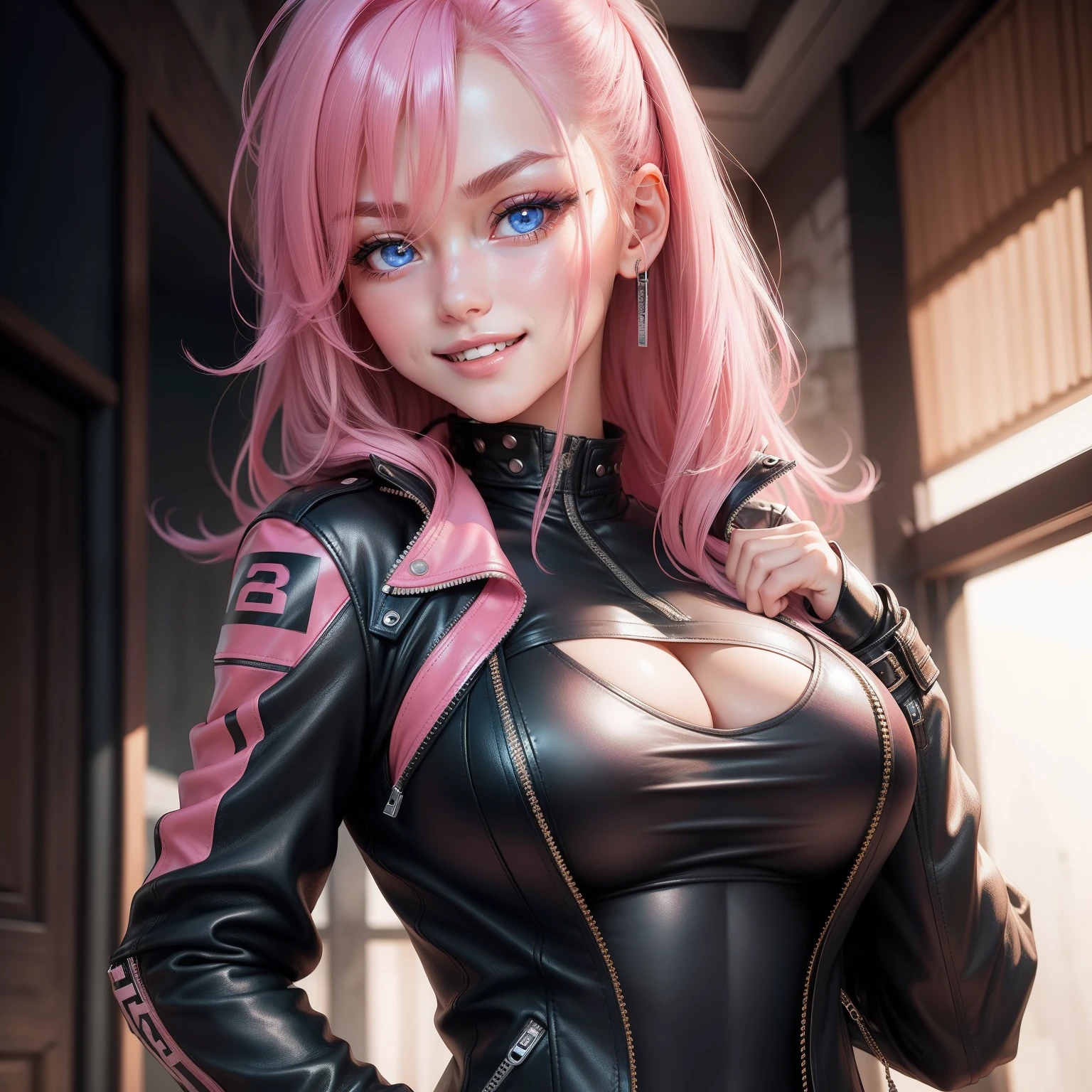校服 leather jackets girl with A smile a beauty girl Pink hair top-quality masterpiece 超A high resolution Colossal tits beautiful a girl Colossal tits blue eyess super-detaild skin hyperdetailed face