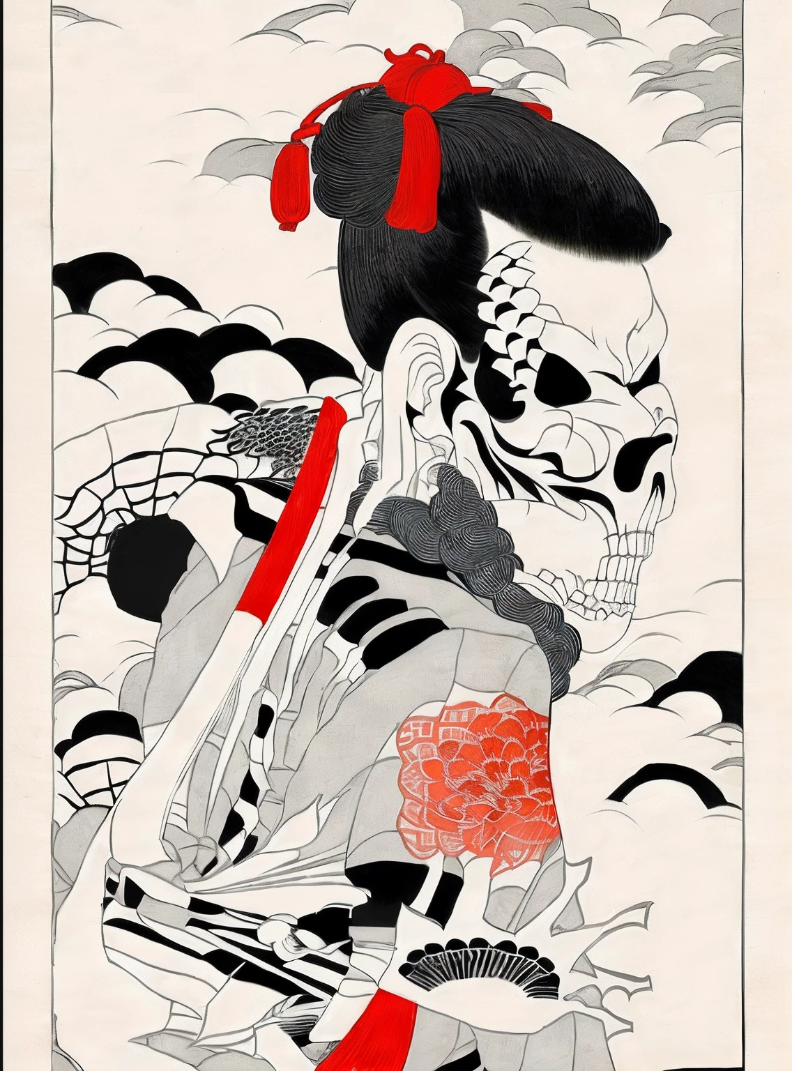 A ukiyo-e，man, inspired by Shunkōsai Hokushū, ukiyo-style, inspired by Watanabe Shōtei, Ukiyo-e style, Ukiyo-e - E style, ukiyoe painting, inspired by Kanō Masanobu，There is a skeleton hand，White bone hands，Half of the side even festered, revealing white bones