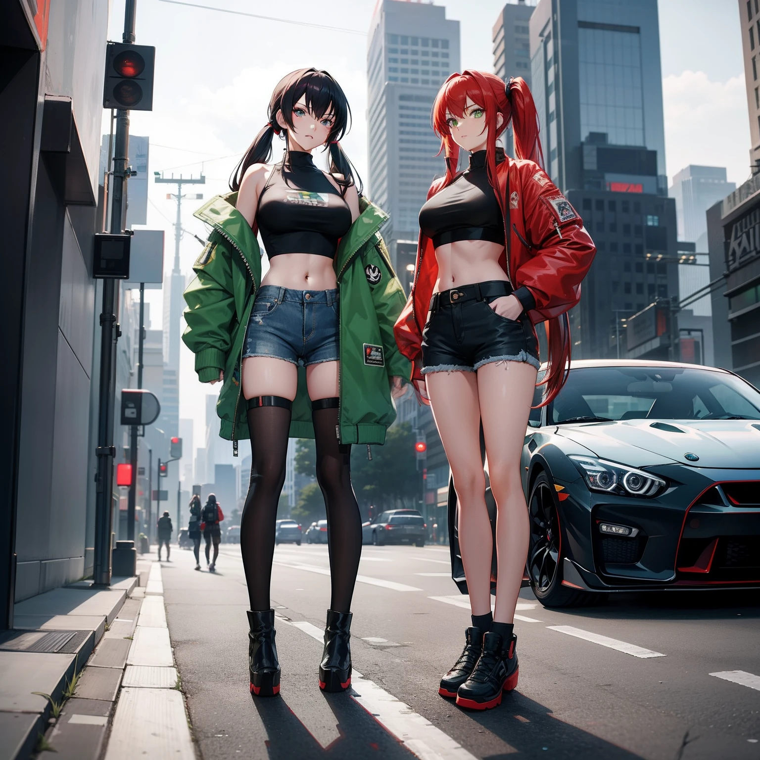 Full body shot, female asian Irina Shidou red hair twintails green eyes, in a cyberpunk city, wearing a bomber jacket and crop top and denim shorts, standing next to a Nissan GT-R, frontal shot, masterpiece, highly detailed