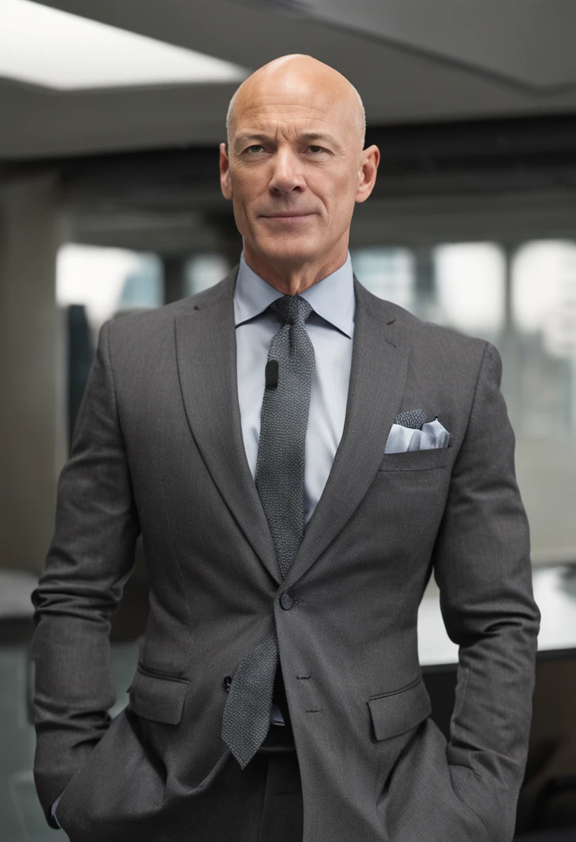 A male in his mid-40s with a short buzz cut, slightly receding and thinning hairline, and hints of grey. He is wearing a dark grey three-piece suit consisting of a vest, suit jacket, and trousers. Underneath, he sports a black collared shirt paired with a matching tie that complements the suit and shirt colors. The man is nicely built and exudes professionalism. The background showcases a realistic view from a high-rise office building, as if the photo was taken for a professional close-up while he's at his desk.
Medium: Photography
Style: Photo hyper-realism, highly detailed, high-resolution 16k
Lighting: Soft, natural lighting filtering through the office windows, highlighting the subject
Colors: Muted and sophisticated color palette, focusing on dark greys and blacks
Composition: Shot with a Canon EOS 5D Mark IV DSLR camera, EF 85mm f/1.8 USM lens, Resolution 30.4 megapixels, ISO sensitivity: 100, Shutter speed 1/125 second
--ar 16:9 --v 5.1 --style raw --q 2 --s 750