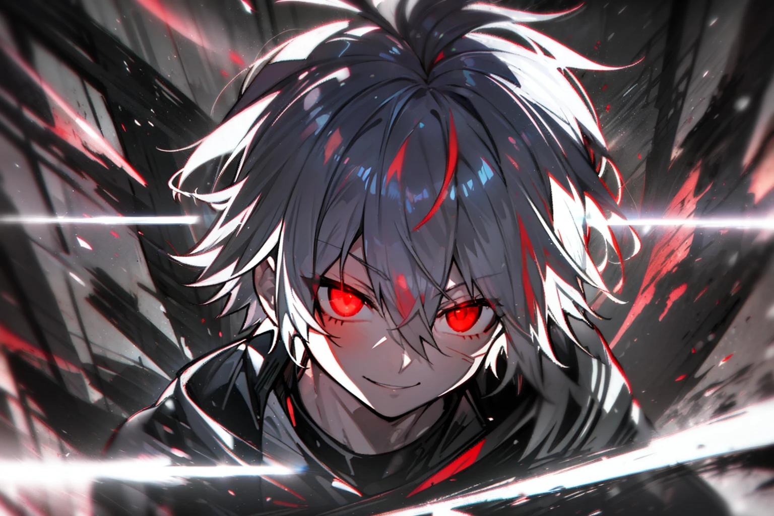 hight resolution,Anime boy with white hair and red eyes stares at camera, Glowing red eyes,slim, dressed in a black outfit,Shadow Body,monochromes,hair messy,Aggressive smile,Diagonal angle