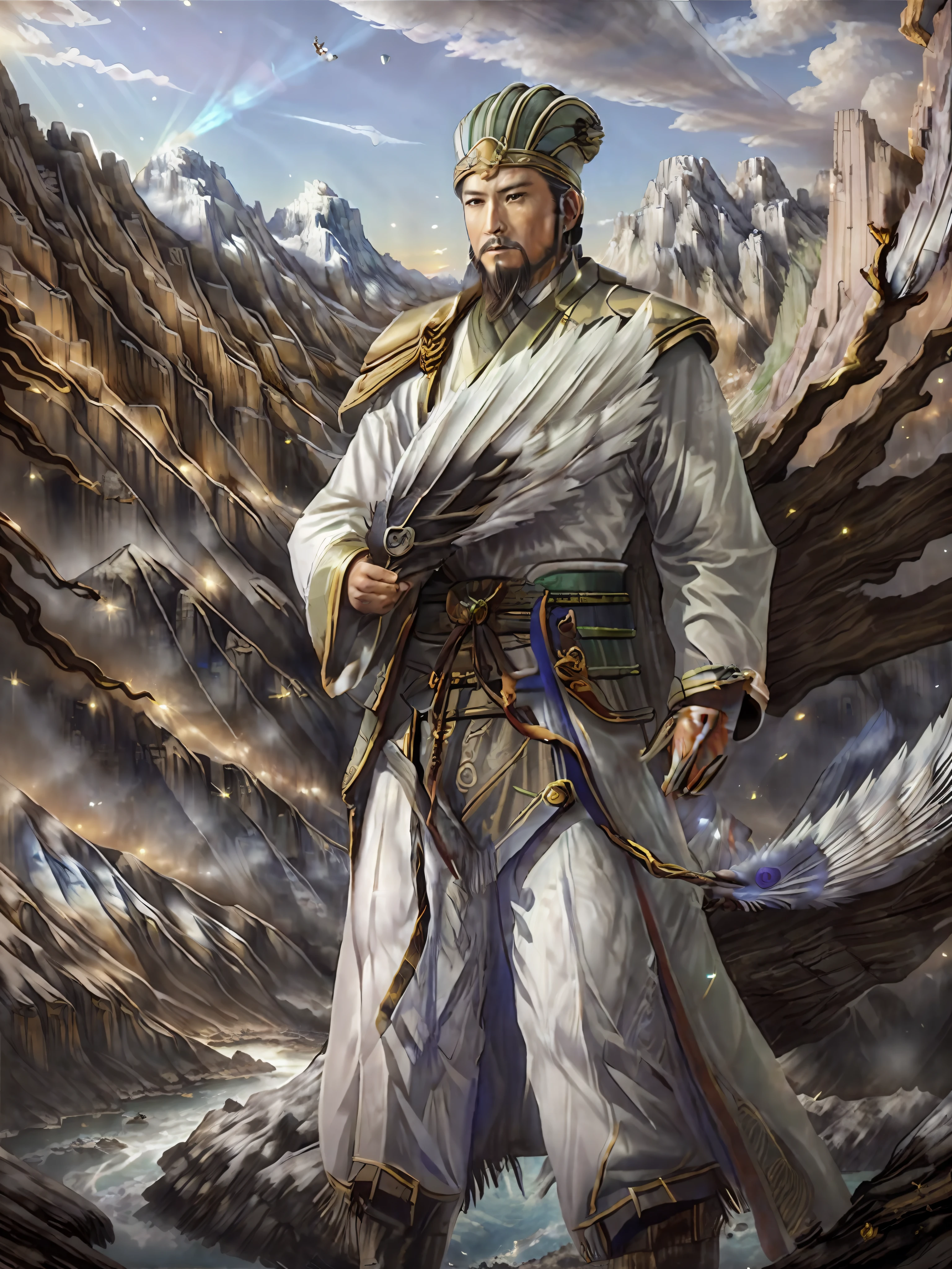 (8k, RAW photo, best quality, masterpiece:1.2), (realistic, photo-realistic:1.37), (full body:1.3) , (highres), ultra realistic, hyperrealistic, (a 40 years old Chinese man), (high detailed face),looking at viewer, (exquisitely detailed), ultra_color, (realistic), high quality, ultra detailed, (Real picture), (realistic skin), (intricate details),((Hasselblad photography)),
(dramatic_light), (beautiful_detailed_light), lens flare, ultra_color, (shining_particles), (bright_dust_particles),(((old))),dynamic angle, solo, 1boy, (kongming suit:1.3), (beard),Chinese traditional hat,(((holding feather fan))), >,posing for a photo, eagle on shoulder,(((standing on a cliff, sky,mountains and rivers trees ))),