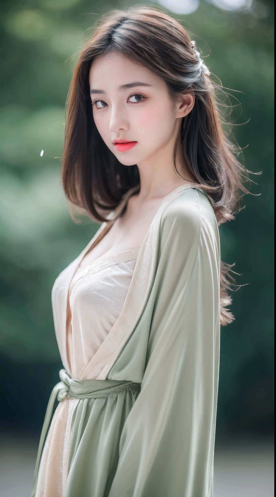 ((Best Quality, 8k, Masterpiece: 1.3)), Focus: 1.2, Perfect Body Beauty: 1.4, Buttocks: 1.2, ((Layered Haircut)), (Wet Clothes: 1.1), (Rain, Street:1.3), (Breasts: 1.2), (Hanfu: 1.2), Bare Shoulders, Bare Legs, Highly Detailed Face and Skin Texture, Fine Eyes, Double Eyelids, Whitened Skin, Long Hair, (Shut Up: 1.5), (Bokeh Background: 1.5), Big Breasts