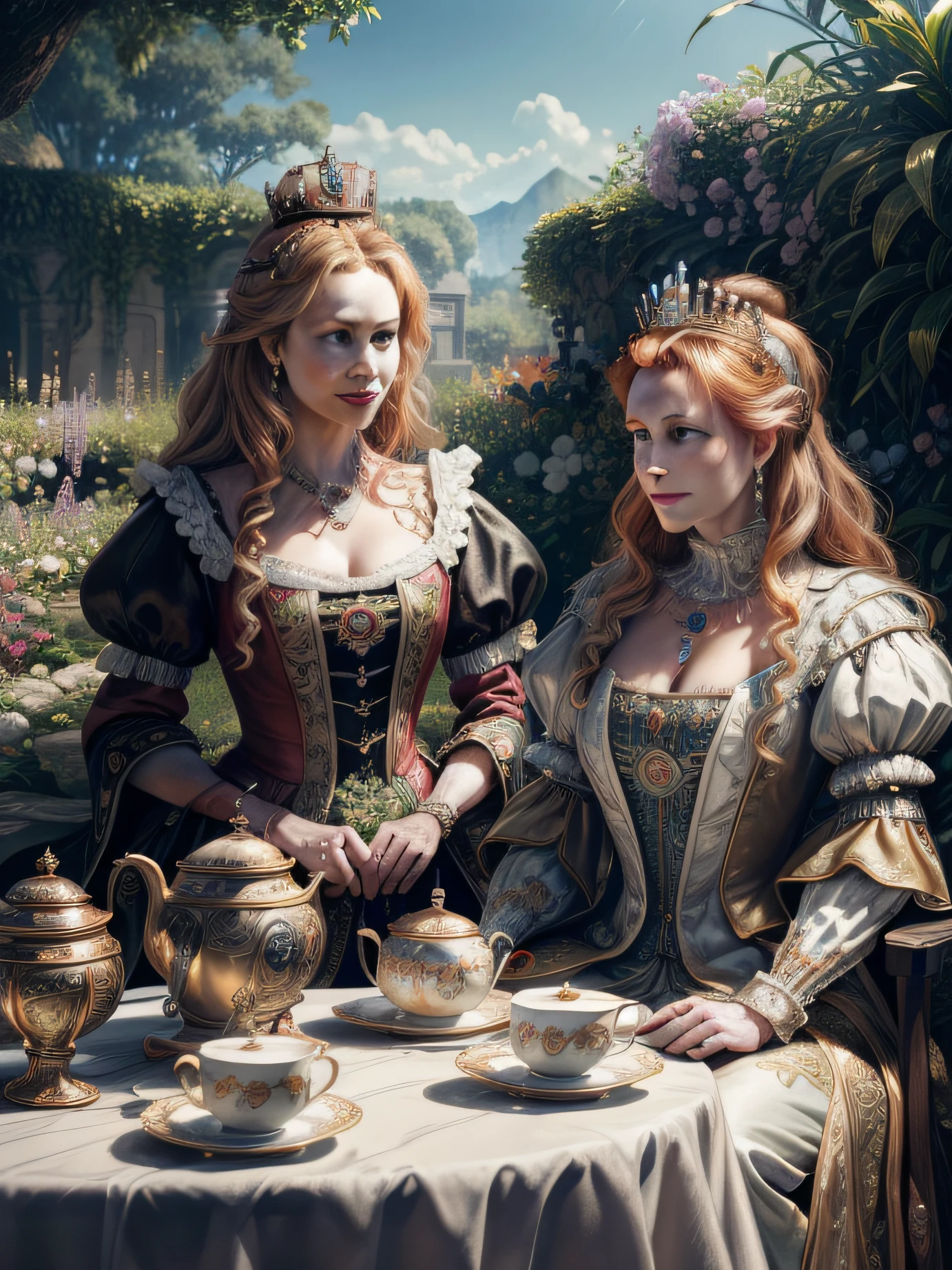 (Queen Elizabeth I) and (Queen Elizabeth II) having afternoon tea in the garden of Eden, detailed face, detailed eyes, happy laughter, insanely detailed and intricate, ultra-sharp and clear, volumetric lighting, ultra-high resolution, masterpiece hyper realistic artwork of Frank Bellamy, insanely detailed and intricate, centered, Professional Color Grading by Kenneth Hines Jr., trending on Artstation