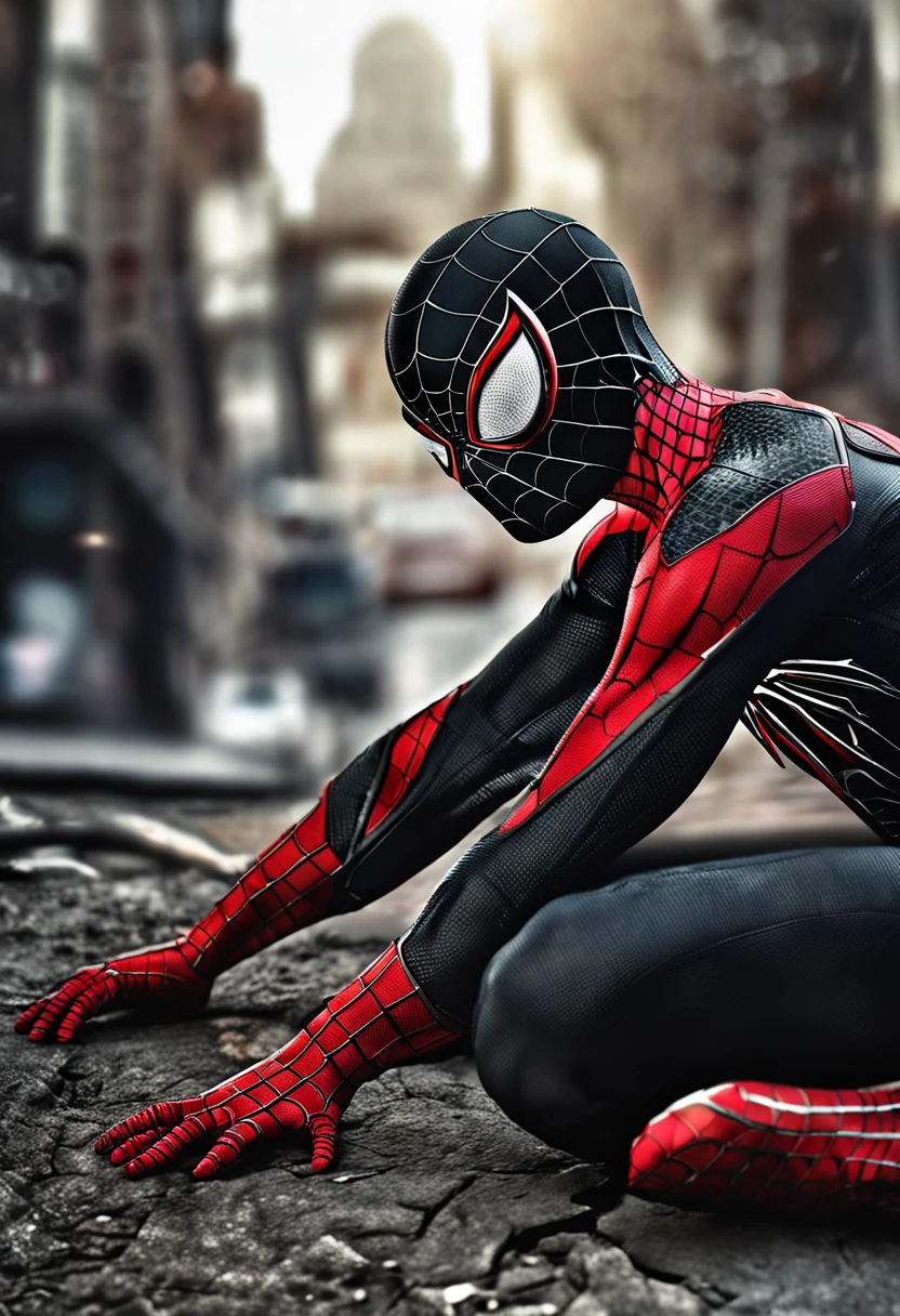 A Spider-Man in white/black uniform, black clothing details, HDR, UHD, 64K, highly detailed, professional photography by Sergio Nogueira, trending on artstation, unreal engine, vivid colors, high resolution scanning
