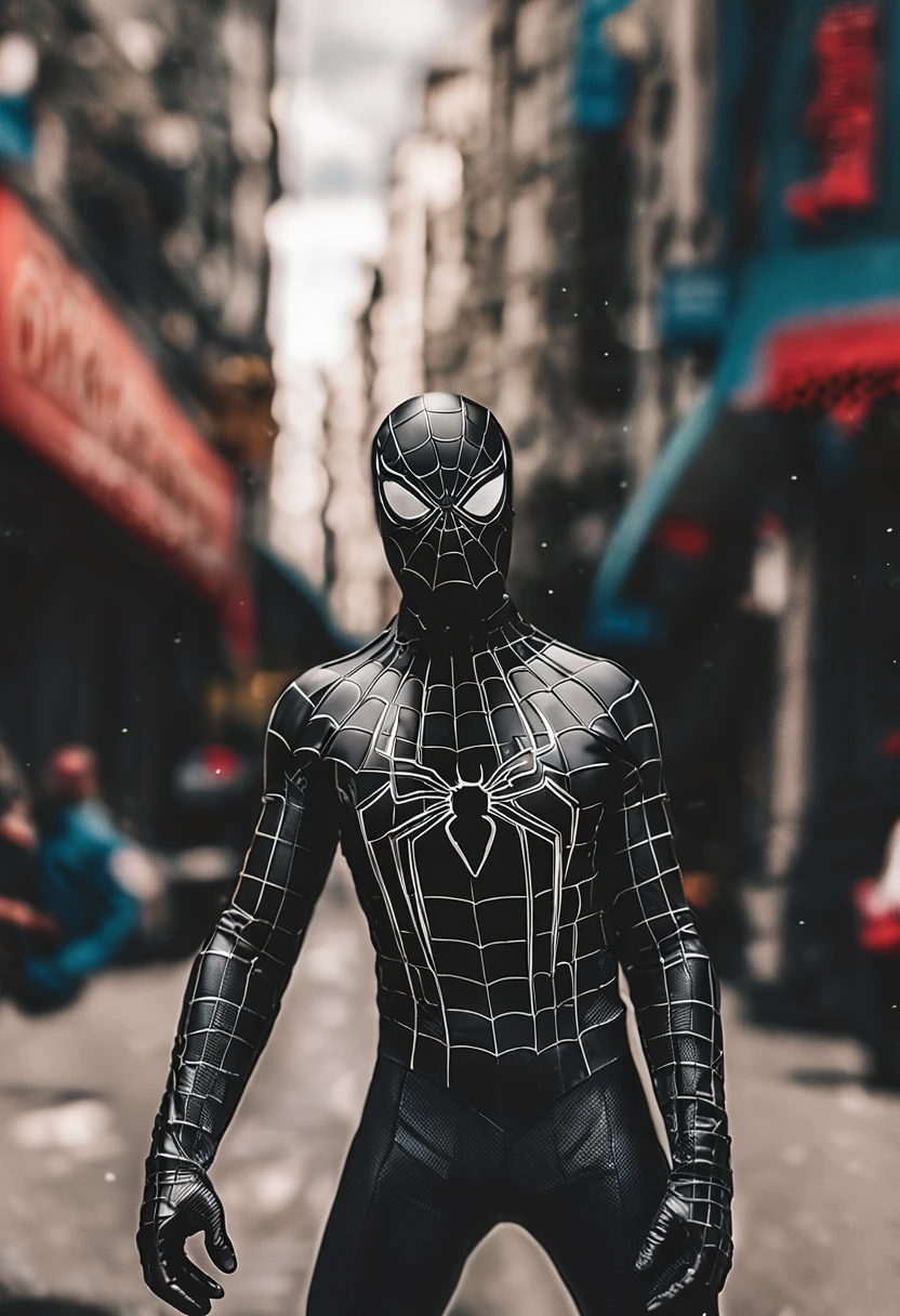A Spider-Man in white/black uniform, black clothing details, HDR, UHD, 64K, highly detailed, professional photography by Sergio Nogueira, trending on artstation, unreal engine, vivid colors, high resolution scanning