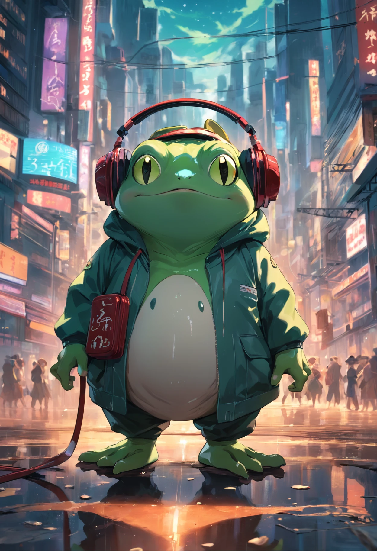 A masterpiece green frog with headphones, fatness