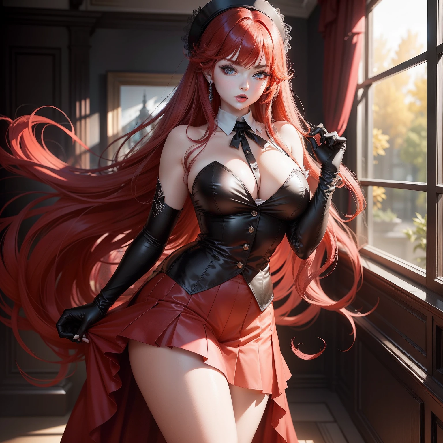 Rias Gremory is a character with crimson hair, her long strands fall elegantly down her back, contrasting with her pale skin and mesmerizing amber eyes, slim and beautiful body. She exudes confidence and charm with her haughty posture. Wearing a tailored red school uniform, her pleated skirt falls in harmony with her open fitted white blouse. A black ribbon tied around her neck complements the ensemble, highlighting her aura of authority and sophistication. Her accessories include black gloves that highlight her delicate hands. , in high resolution, detailed, HD quality.