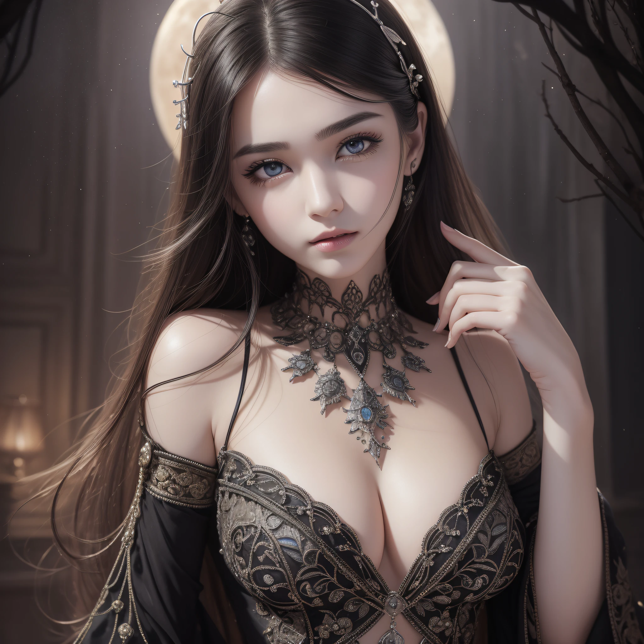 (((highest quality))), ((masterpiece)), ((intricate details)), 32k, sharpness, highly detailed CG, perfect artwork, detailed and detailed details, fantastic art, dark fantasy work, dark atmosphere: 1.8, creepy, depraved, decadent, perfect female figure, ((early twenties woman)), leg line beauty, very delicate and beautiful, best quality, beautiful detailed girl, Beautiful fine eyes, face lights, realistic expression of face, intricate details, makeup, ((staring at the viewer, crazy, faint smile: 1.4)), (Priestess: 1.8), (Dress: 1.9, decoration, black, no shine, complex and dense, detailed, armor without exposure: 1.8)))),(Detailed beautiful delicate face, detailed beautiful delicate eyes, face) perfect proportions, perfect face modeling:1.1, Detailed Skin, Detailed Skin, (Dense and Detailed Glowing Gemstone Piercings:0.5), Whole Body:1.5, Darkness, Darkness, Madness, Skull: 1.5, (Destroyed Town: 1.5,Midnight: 1.1,Full Moon:1.2,Lying People:1.3,Demons:1)