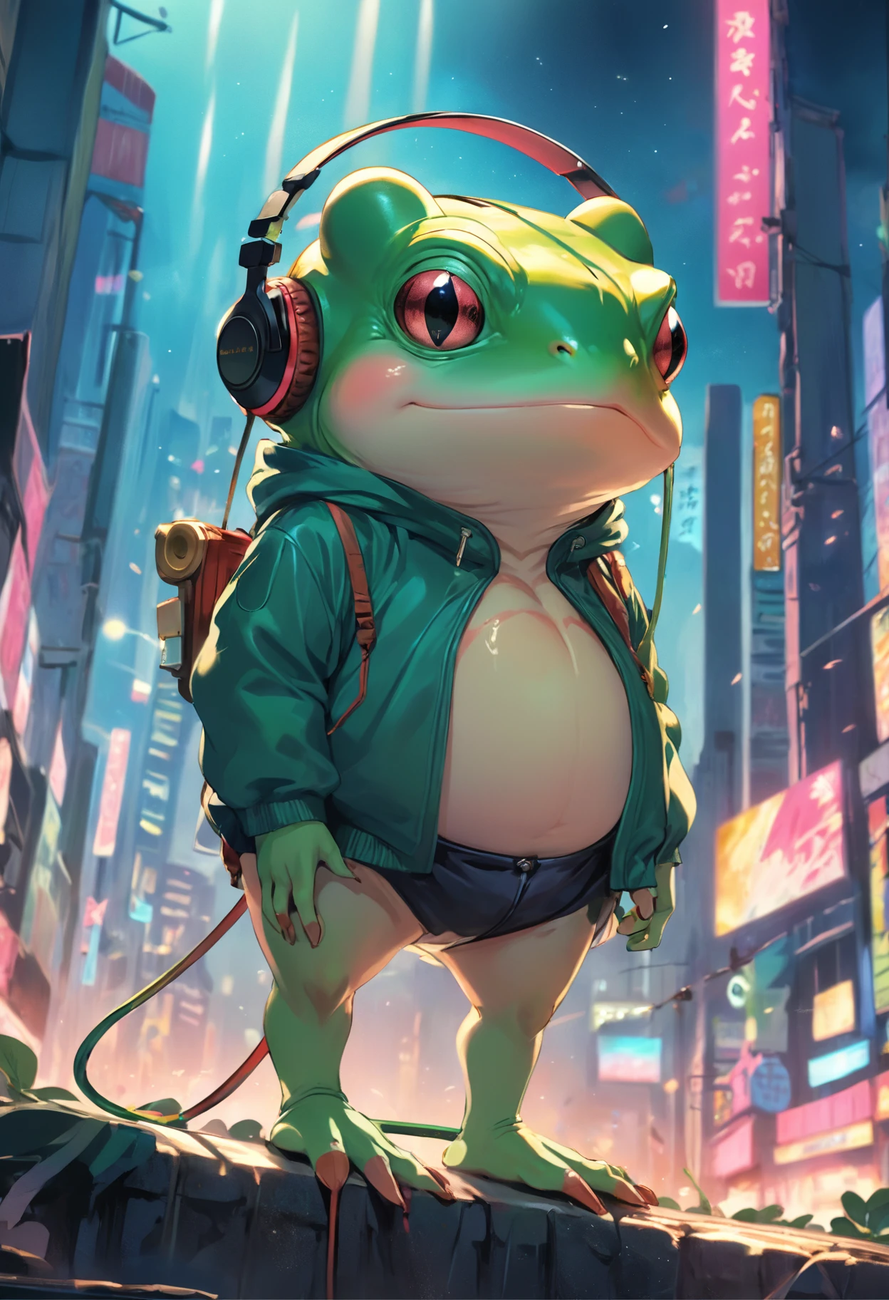 A masterpiece green frog with headphones, fatness
