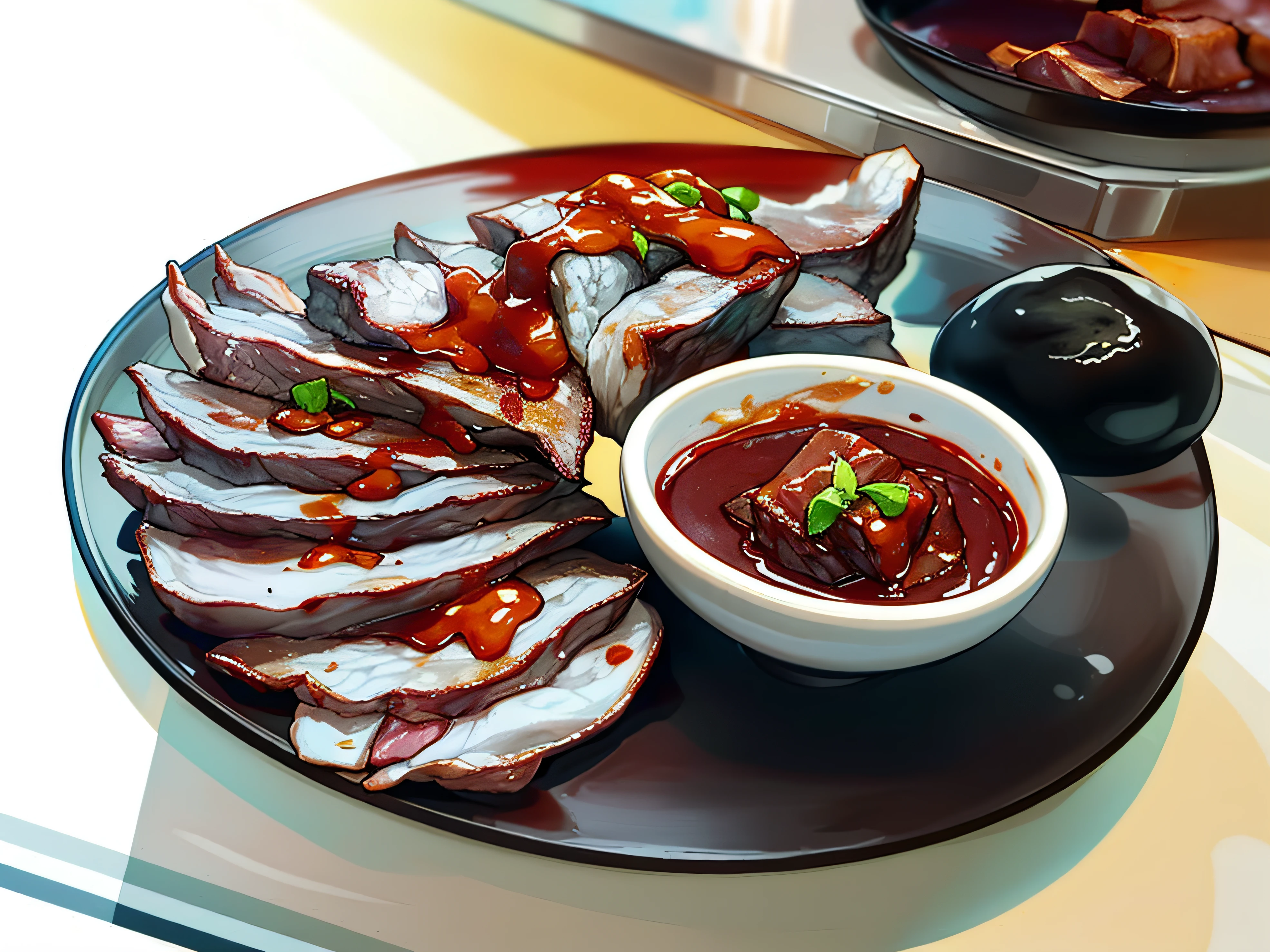 There was a plate of lamb liver and a bowl of sauce on the table, cooked food，Dip sauce， sichuan, luscious with sesame seeds, Sauce, daopao, su fu, delicacy