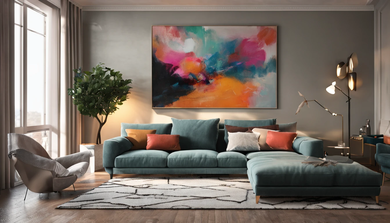 living room with sofa and large painting on the wall, super realistic, light colors, lit.