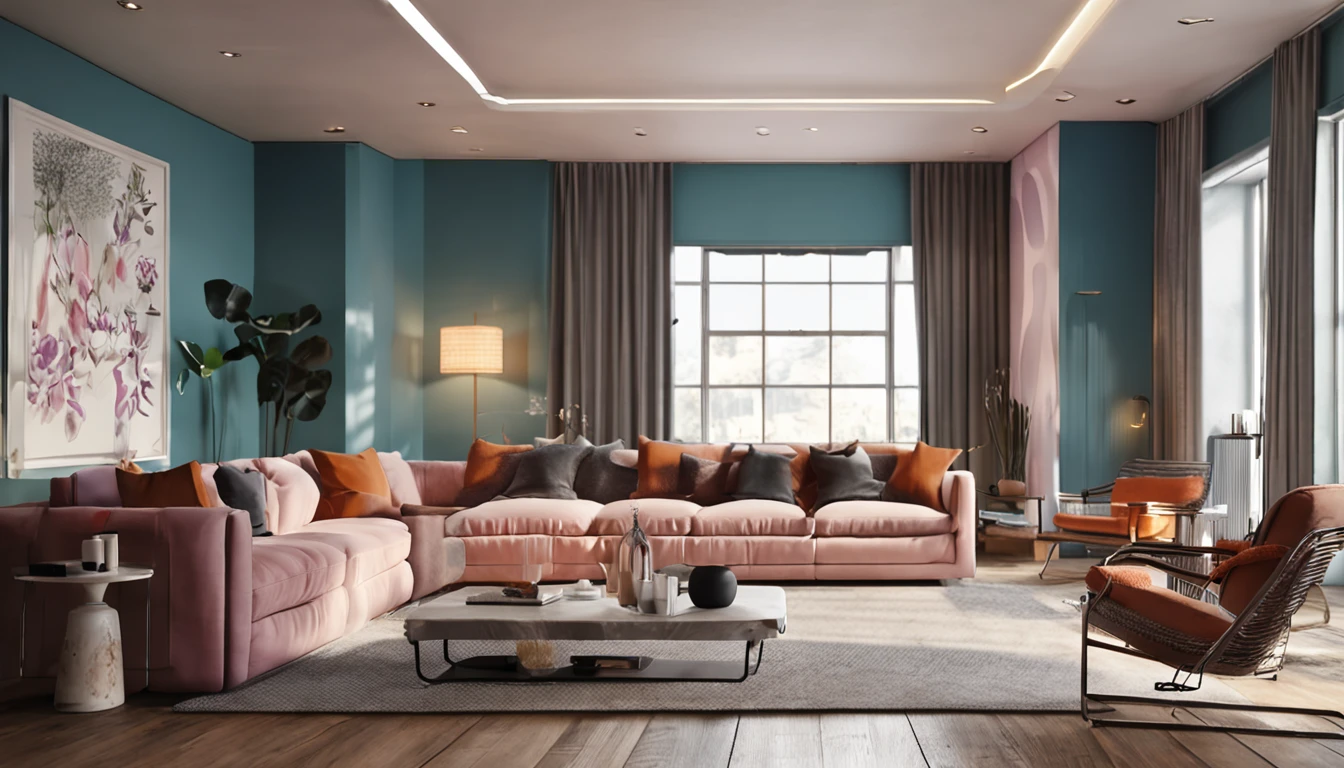 living room with sofa and large painting on the wall, super realistic, light colors, lit.